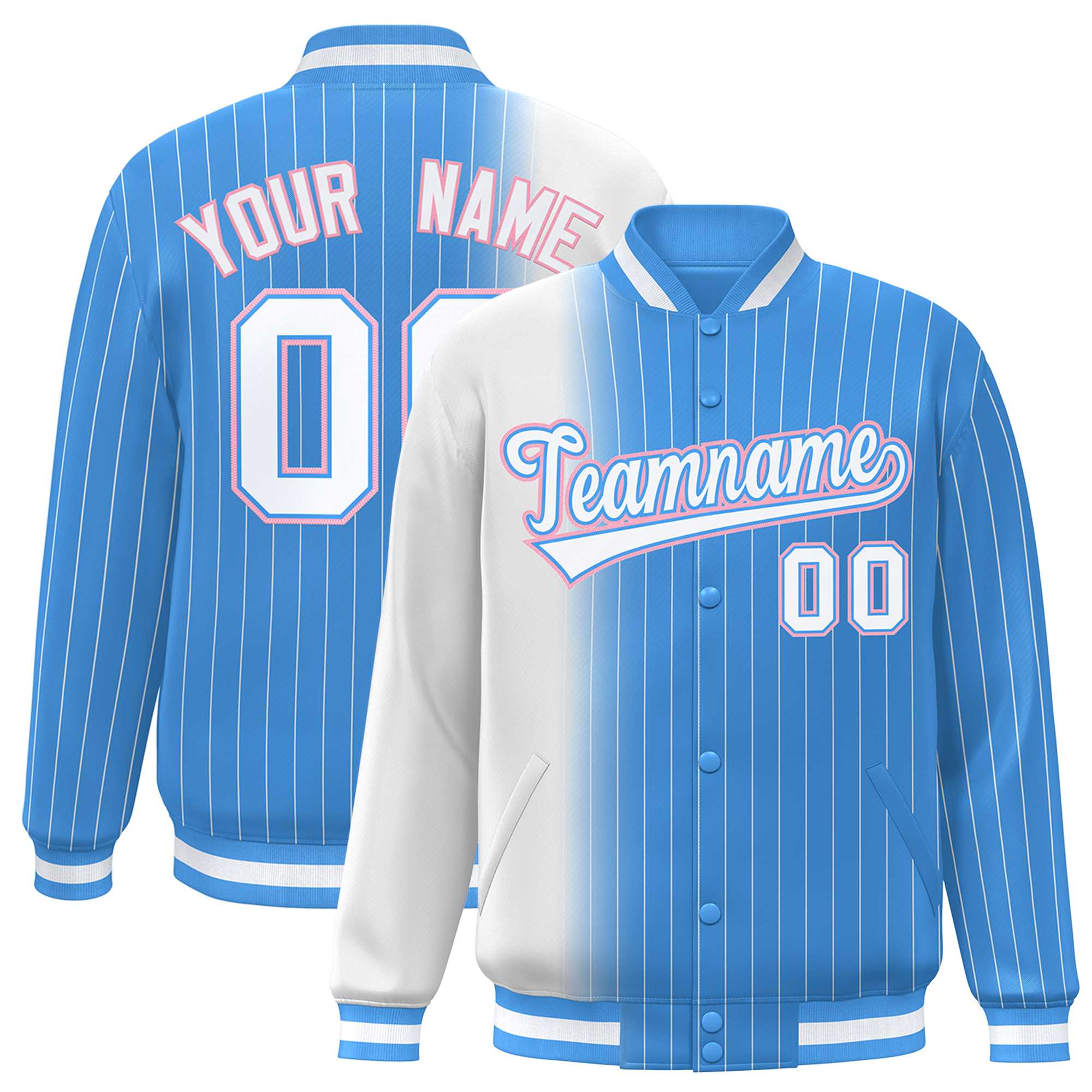 Custom Powder Blue White Gradient Varsity Full-Snap Pinstripe Letterman Baseball Jacket