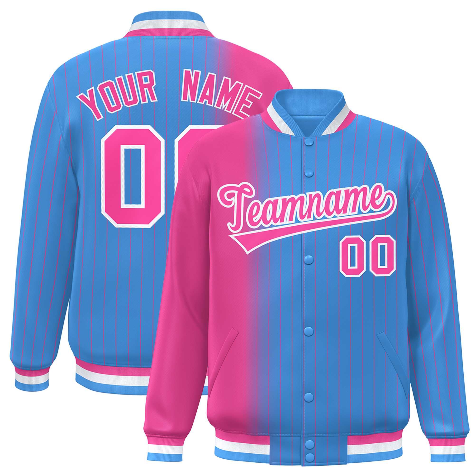 Custom Powder Blue Pink Gradient Varsity Full-Snap Pinstripe Letterman Baseball Jacket