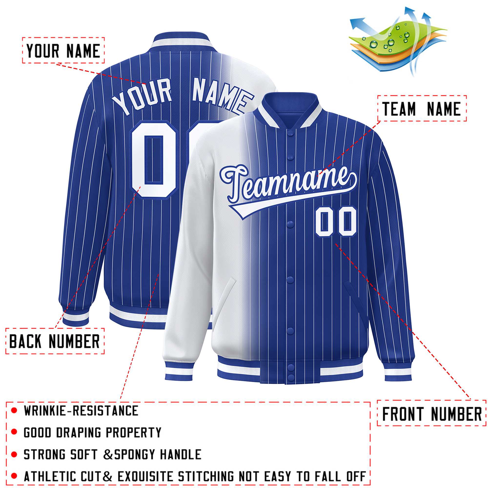 Custom Royal White Gradient Varsity Full-Snap Pinstripe Letterman Baseball Jacket