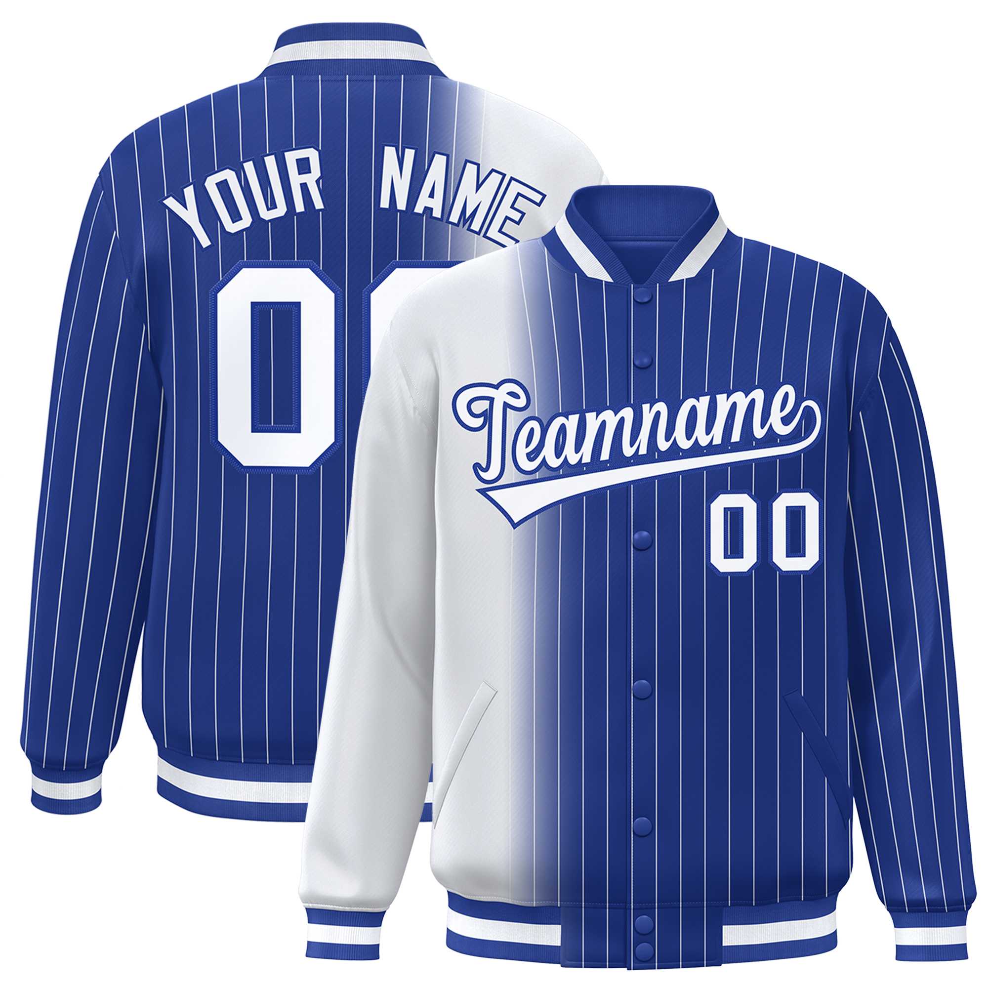 Custom Royal White Gradient Varsity Full-Snap Pinstripe Letterman Baseball Jacket