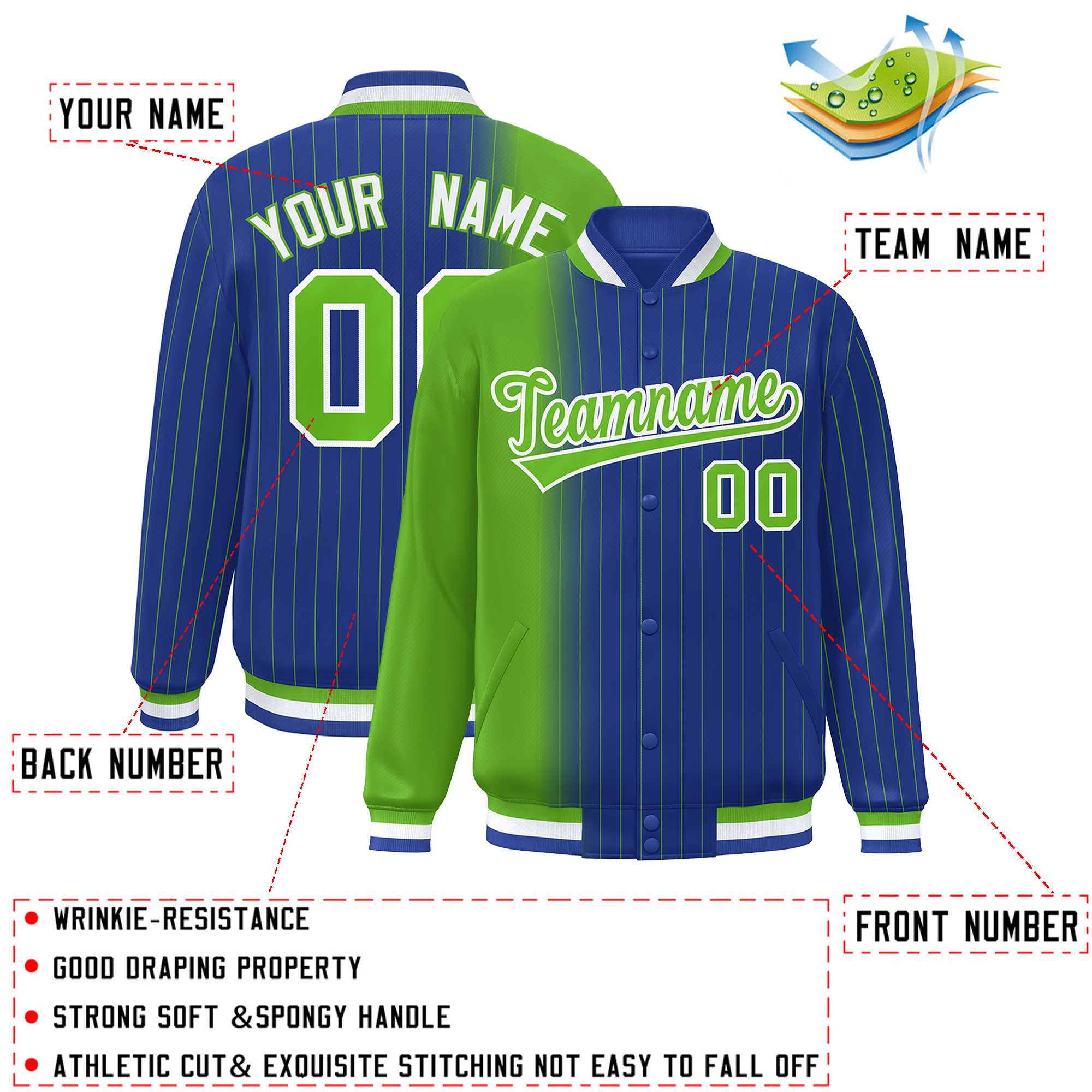 Custom Royal Green Gradient Varsity Full-Snap Pinstripe Letterman Baseball Jacket