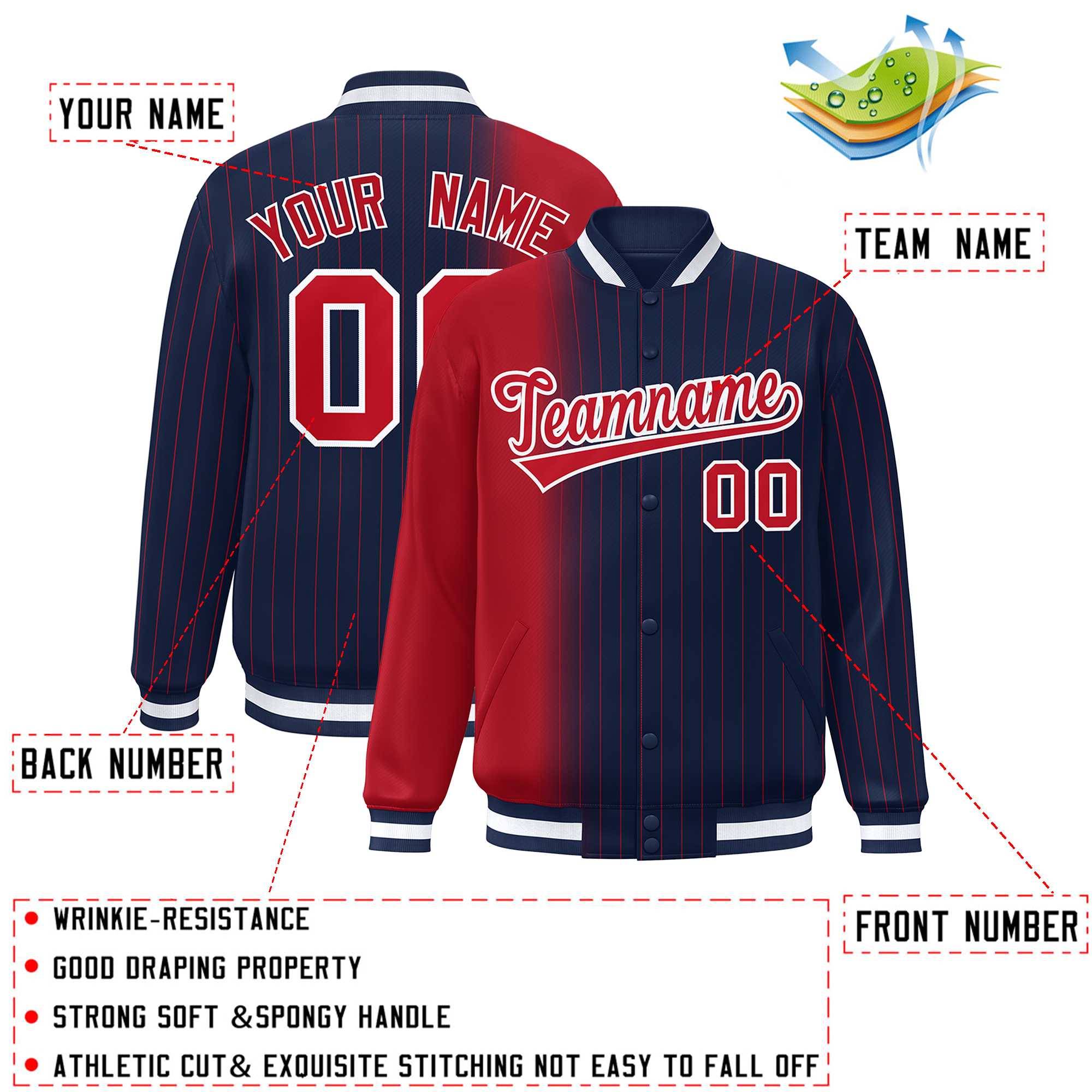 Custom Navy Red Gradient Varsity Full-Snap Pinstripe Letterman Baseball Jacket