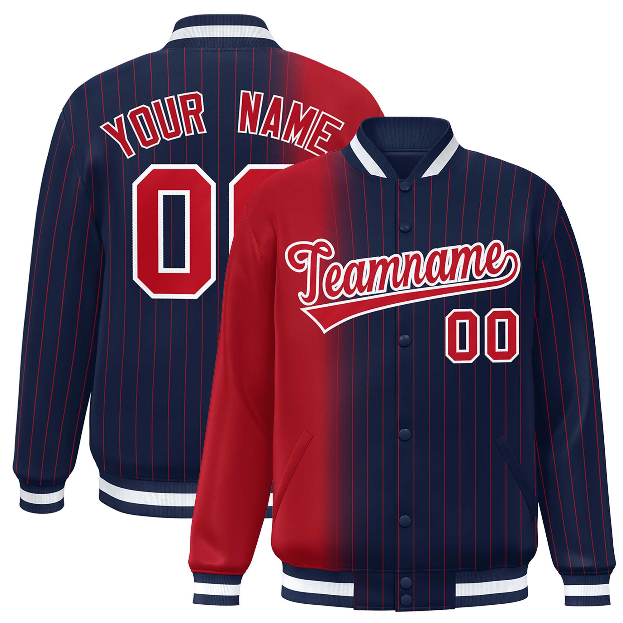 Custom Navy Red Gradient Varsity Full-Snap Pinstripe Letterman Baseball Jacket