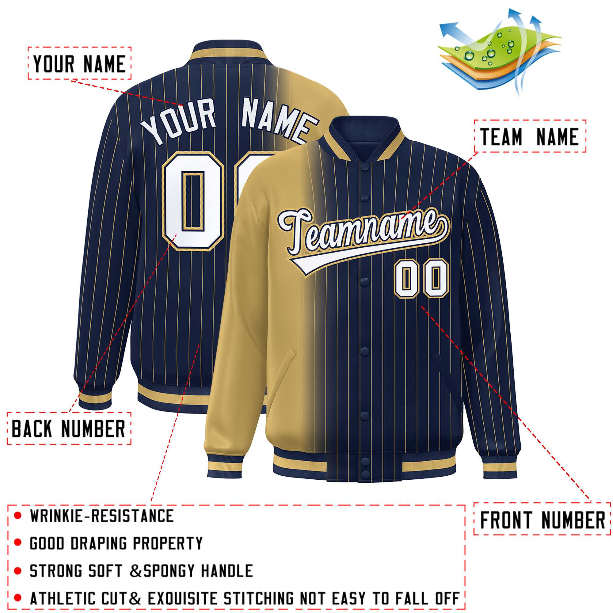 Custom Navy Old Gold Gradient Varsity Full-Snap Pinstripe Letterman Baseball Jacket