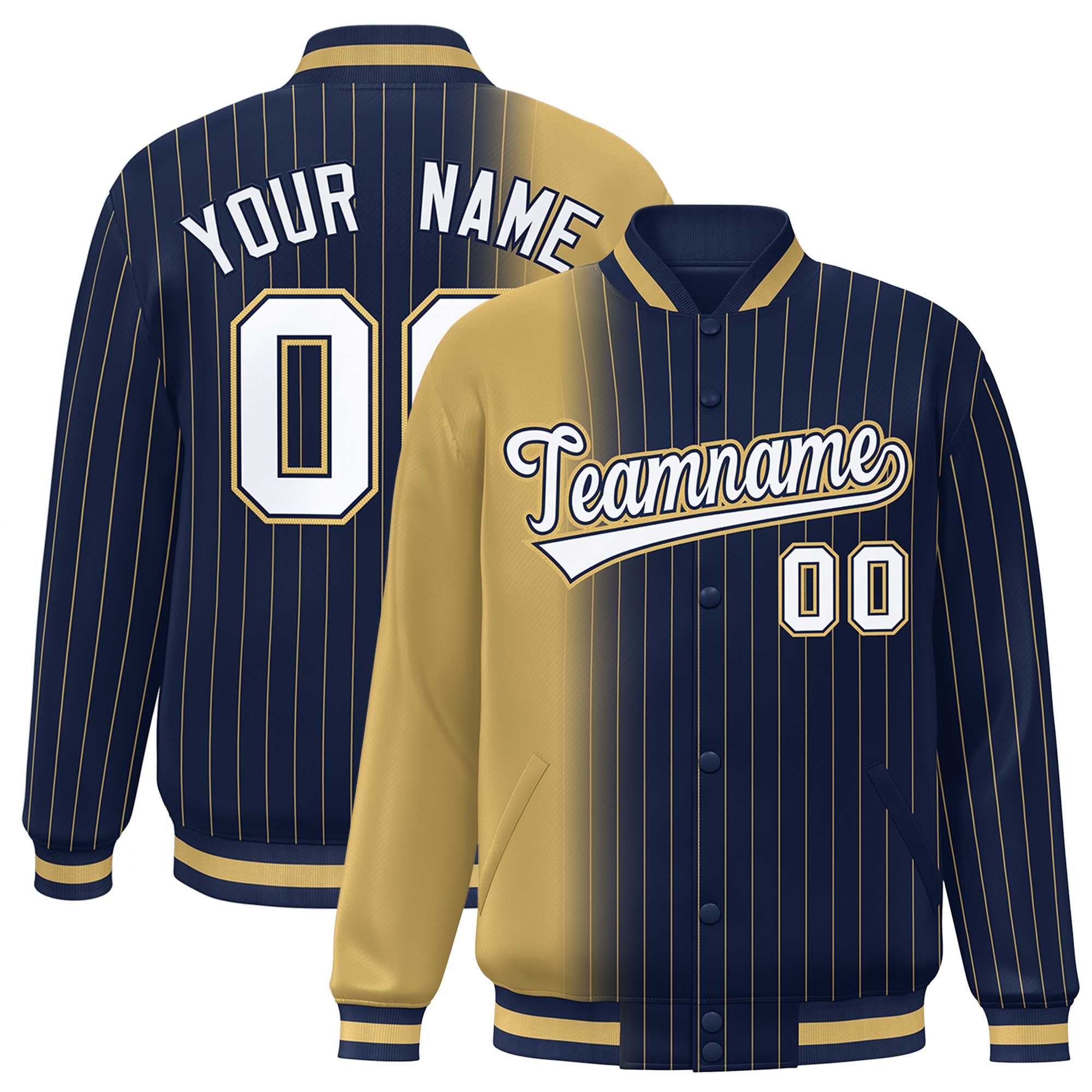 Custom Navy Old Gold Gradient Varsity Full-Snap Pinstripe Letterman Baseball Jacket