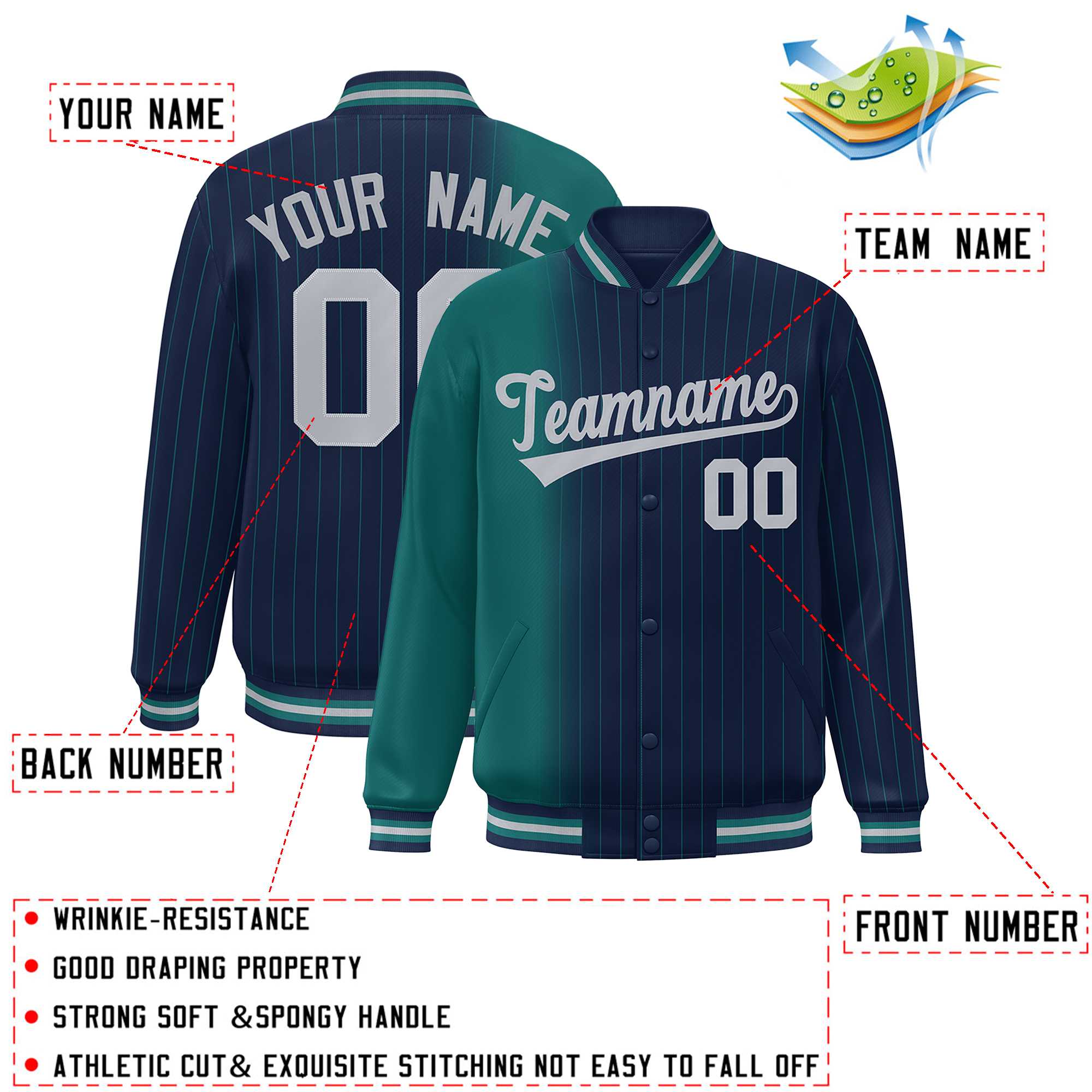 Custom Navy Aqua Gradient Varsity Full-Snap Pinstripe Letterman Baseball Jacket