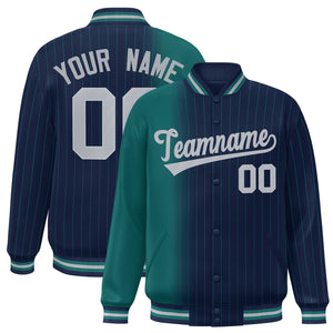 Custom Navy Aqua Gradient Varsity Full-Snap Pinstripe Letterman Baseball Jacket