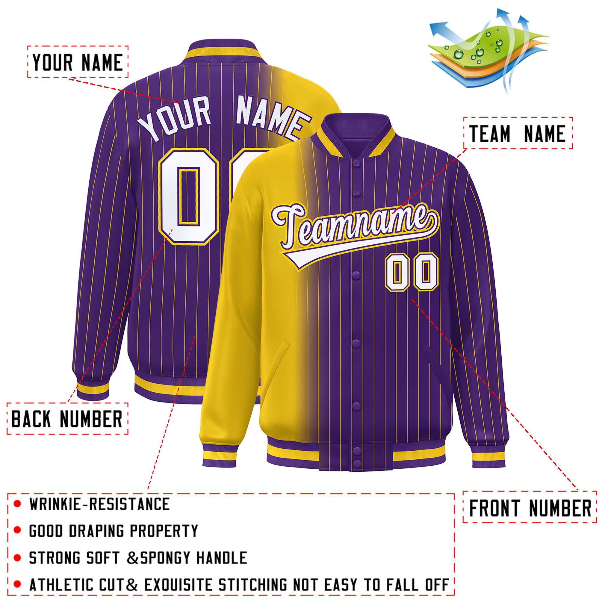 Custom Purple Gold Gradient Varsity Full-Snap Pinstripe Letterman Baseball Jacket