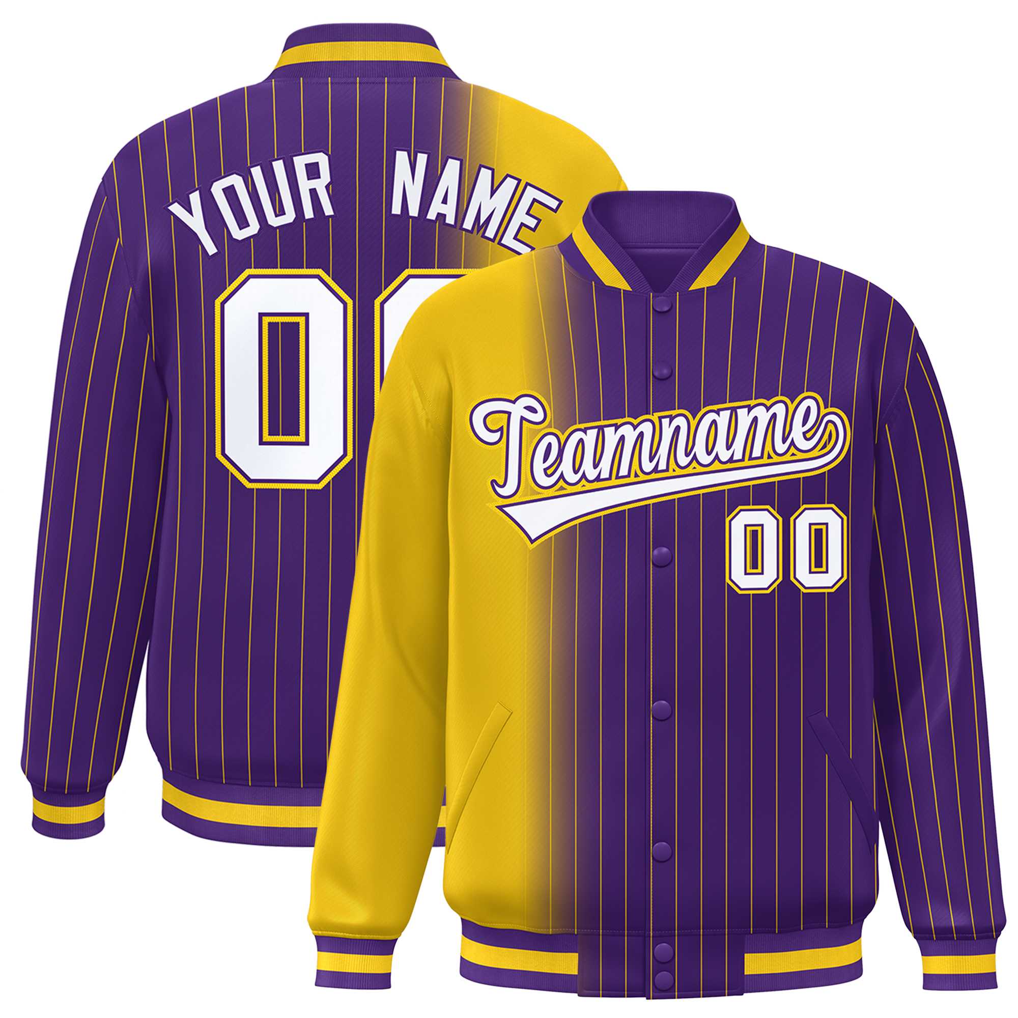 Custom Purple Gold Gradient Varsity Full-Snap Pinstripe Letterman Baseball Jacket