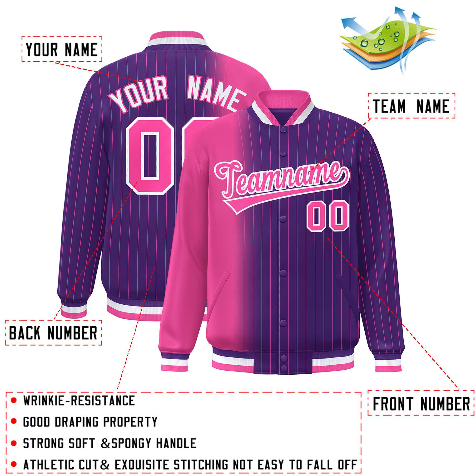 Custom Purple Pink Gradient Varsity Full-Snap Pinstripe Letterman Baseball Jacket