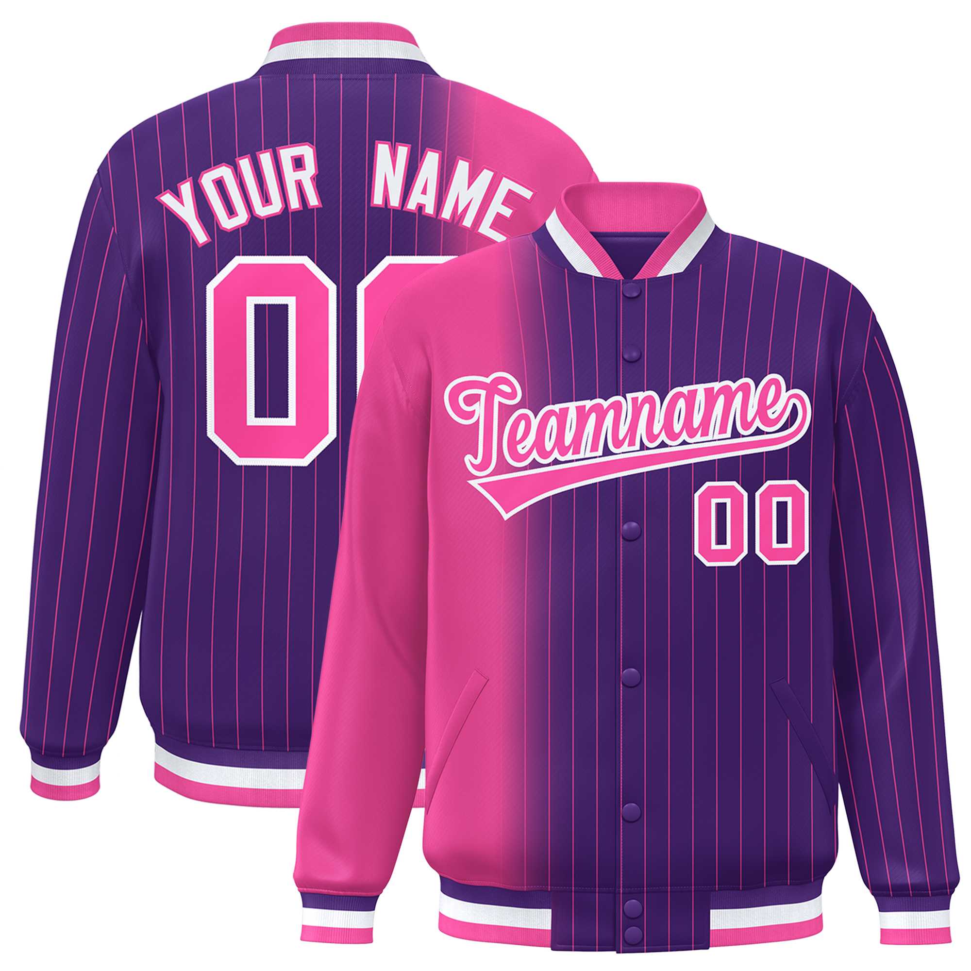 Custom Purple Pink Gradient Varsity Full-Snap Pinstripe Letterman Baseball Jacket