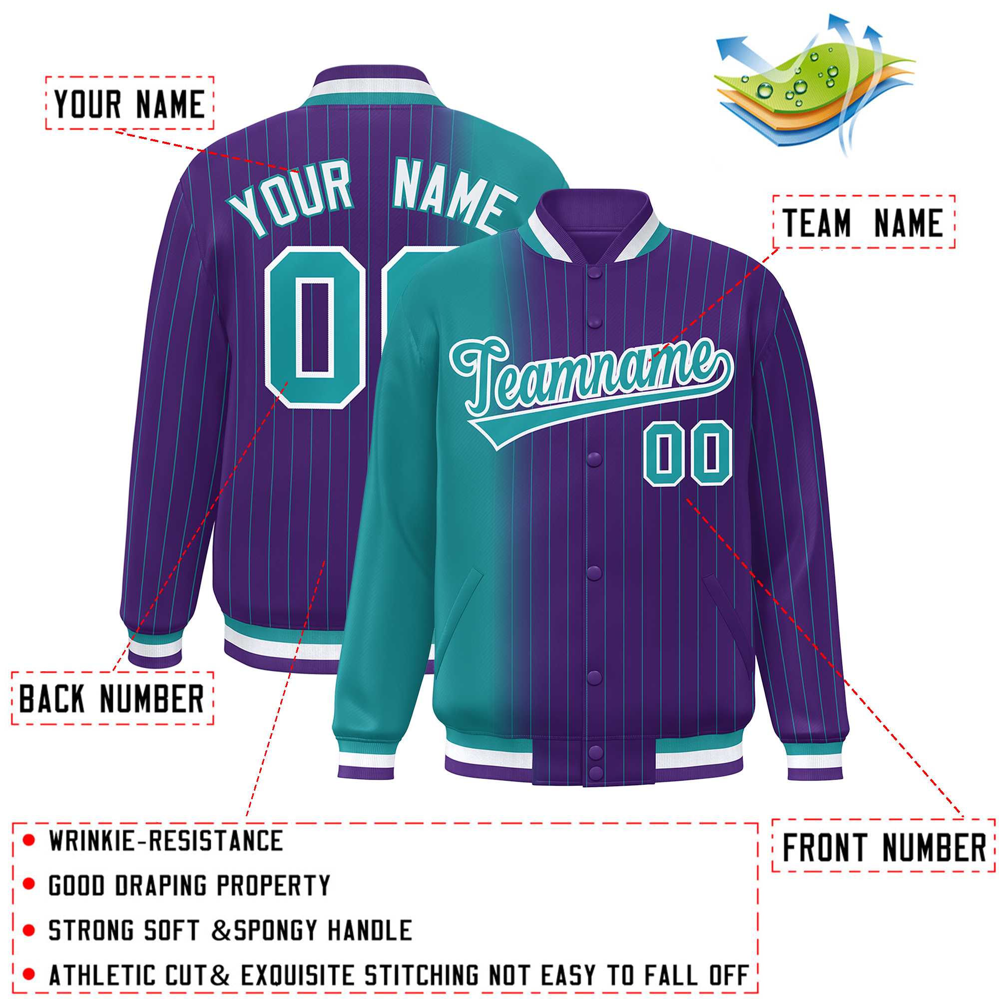 Custom Purple Aqua Gradient Varsity Full-Snap Pinstripe Letterman Baseball Jacket