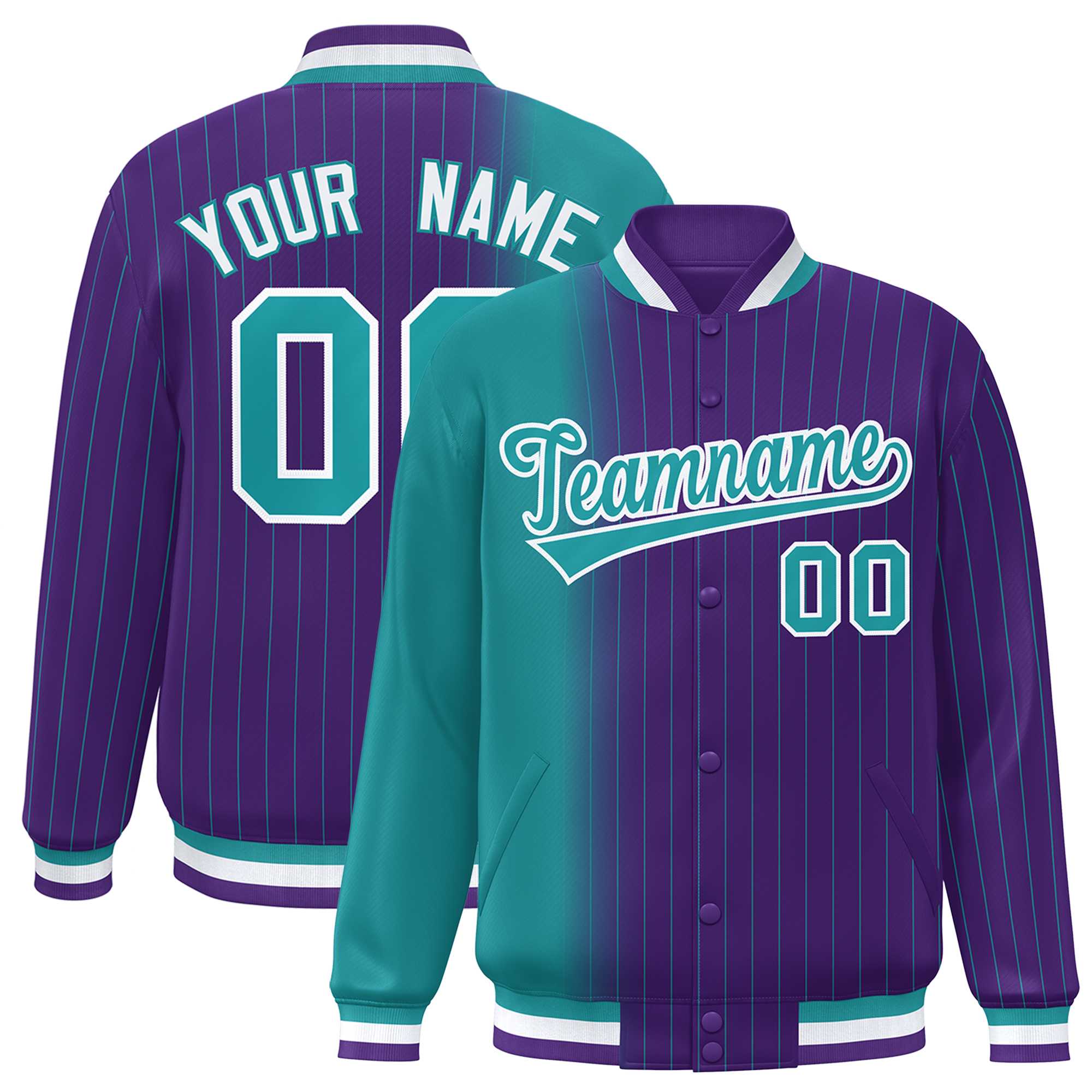 Custom Purple Aqua Gradient Varsity Full-Snap Pinstripe Letterman Baseball Jacket