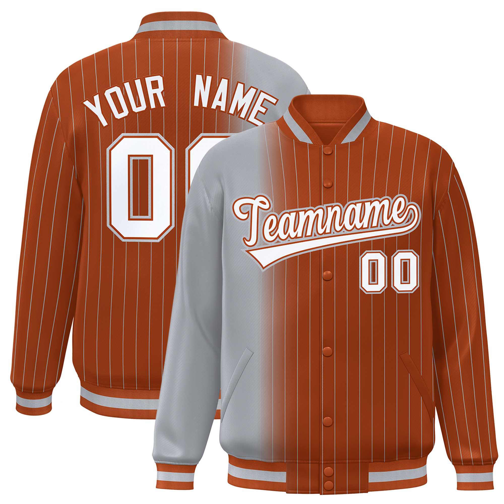 Custom Texas Orange Gray Gradient Varsity Full-Snap Pinstripe Letterman Baseball Jacket