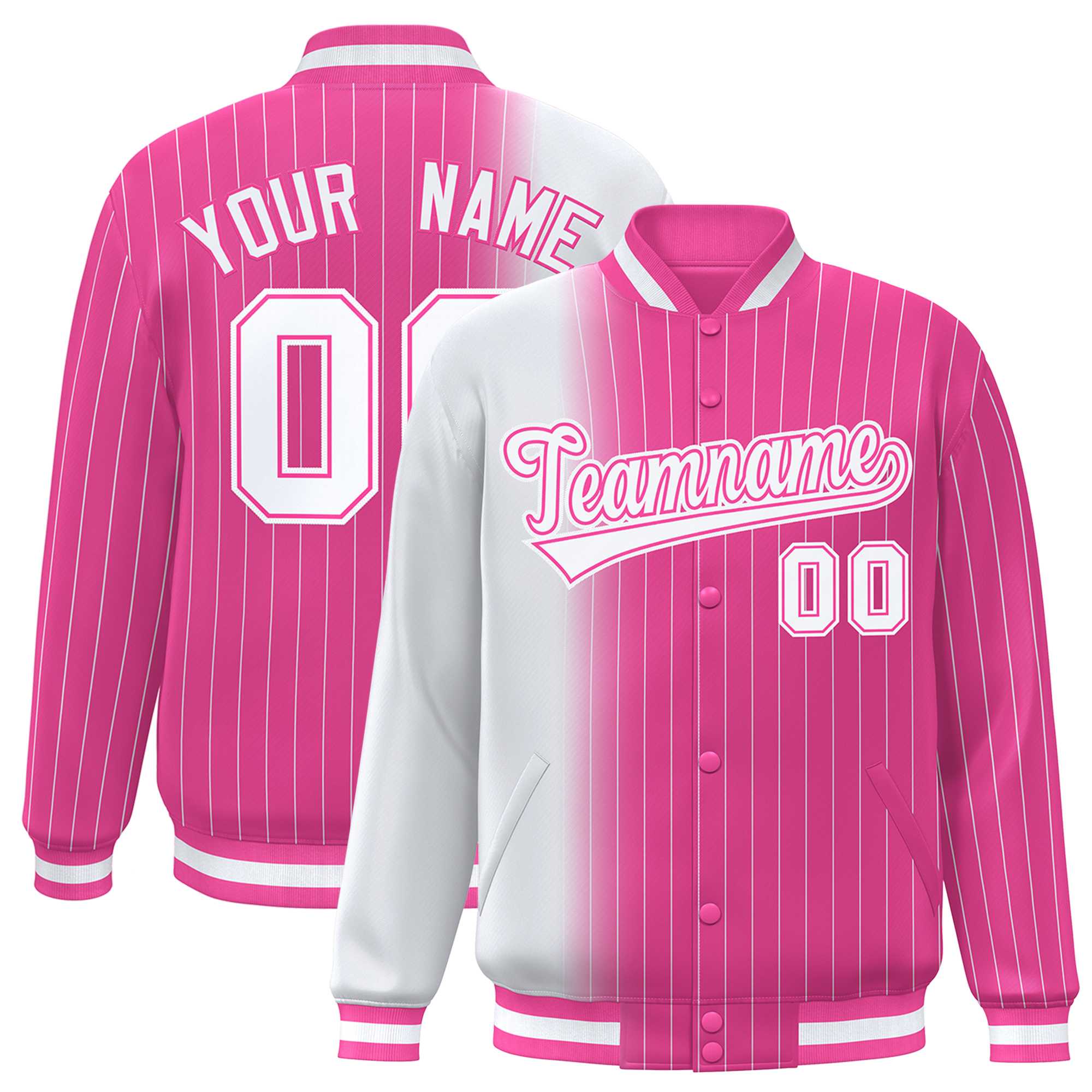 Custom Pink White Gradient Varsity Full-Snap Pinstripe Letterman Baseball Jacket