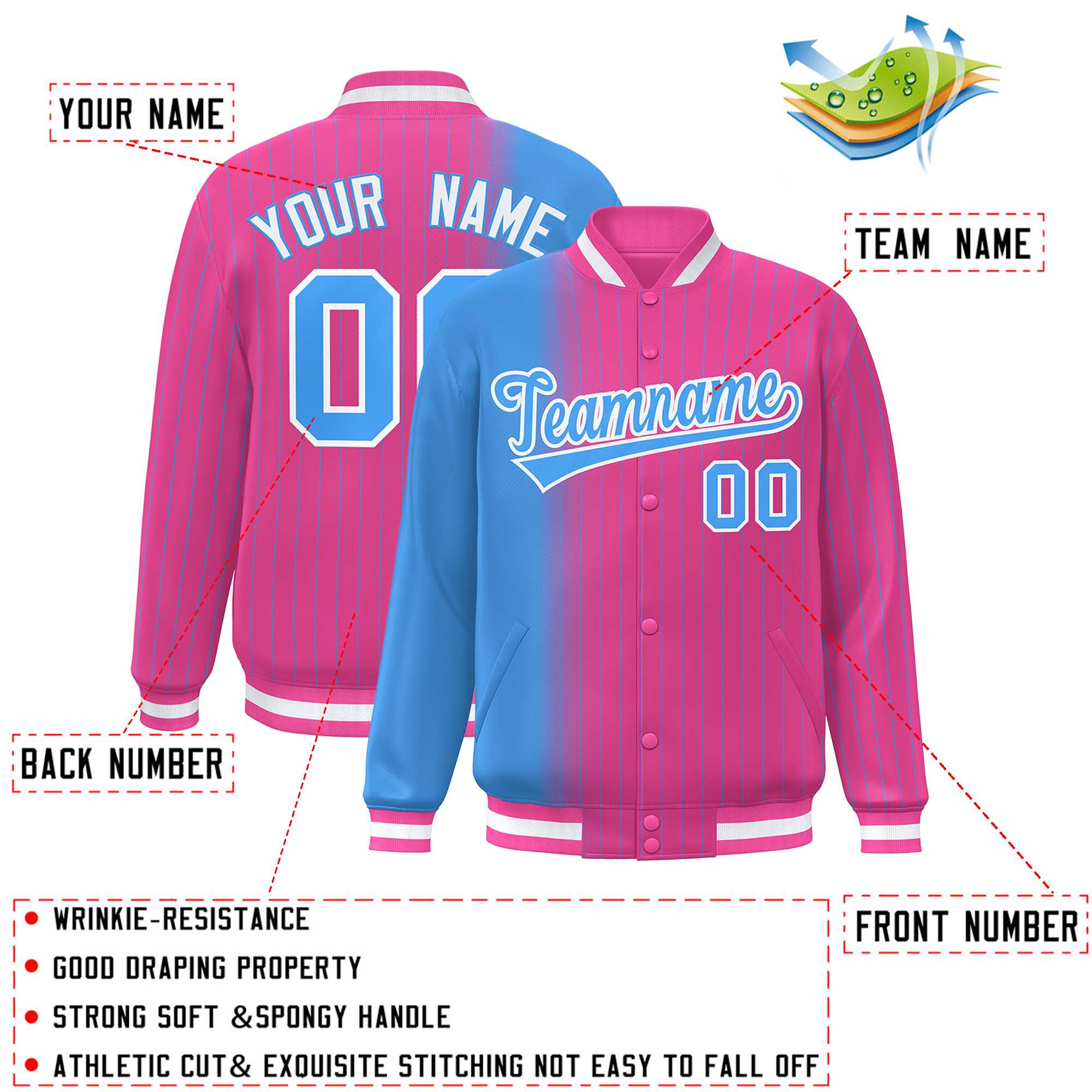 Custom Pink Powder Blue Gradient Varsity Full-Snap Pinstripe Letterman Baseball Jacket