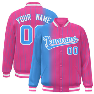 Custom Pink Powder Blue Gradient Varsity Full-Snap Pinstripe Letterman Baseball Jacket