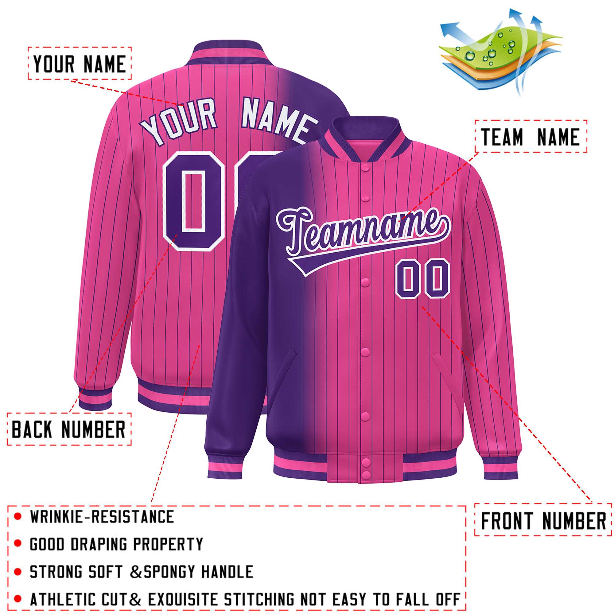 Custom Pink Purple Gradient Varsity Full-Snap Pinstripe Letterman Baseball Jacket