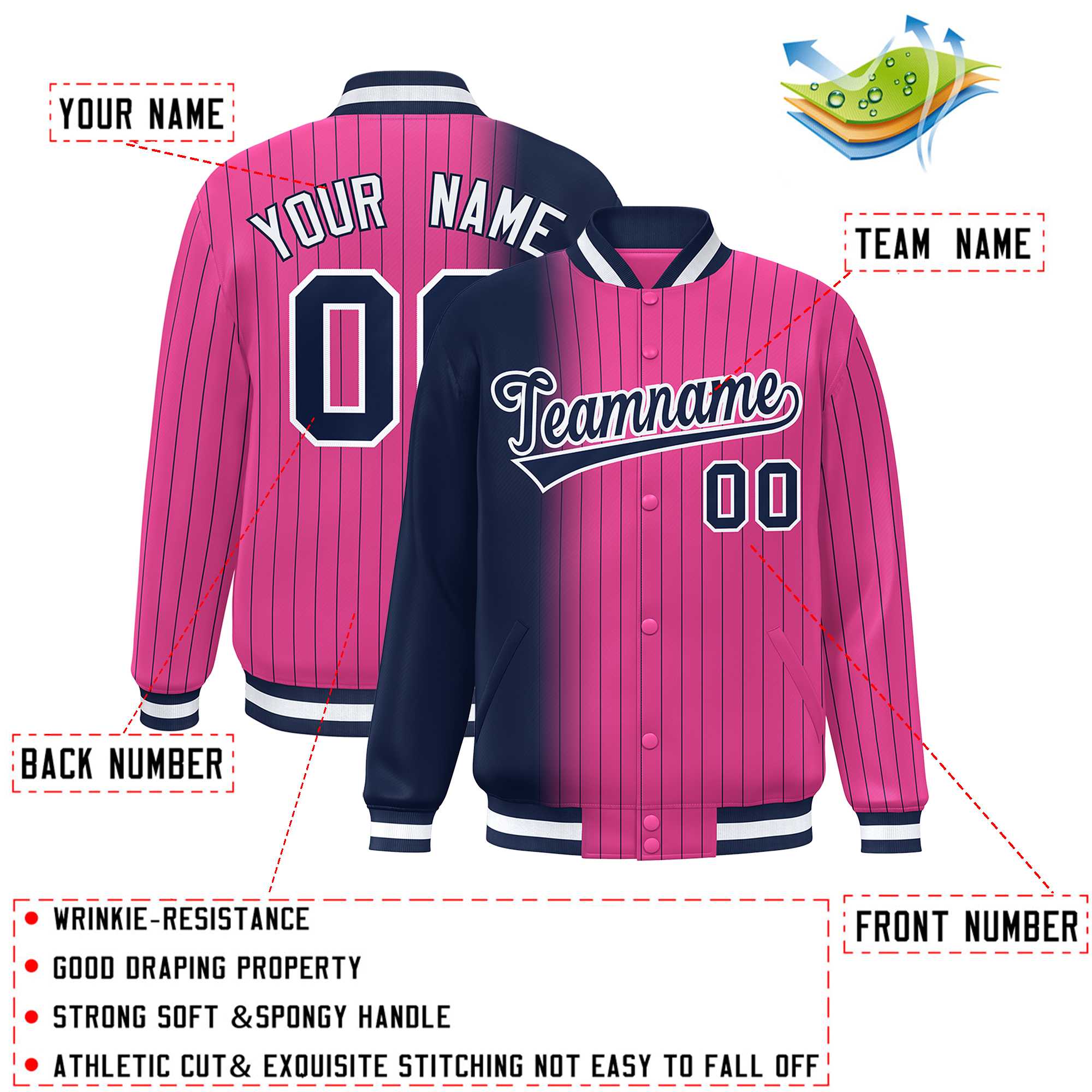 Custom Pink Navy Gradient Varsity Full-Snap Pinstripe Letterman Baseball Jacket