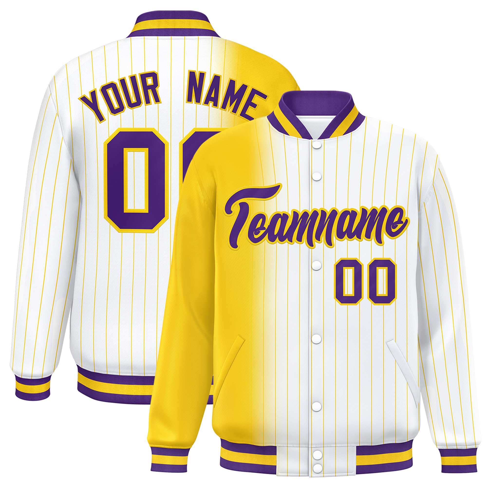 Custom White Gold Gradient Varsity Full-Snap Pinstripe Letterman Baseball Jacket