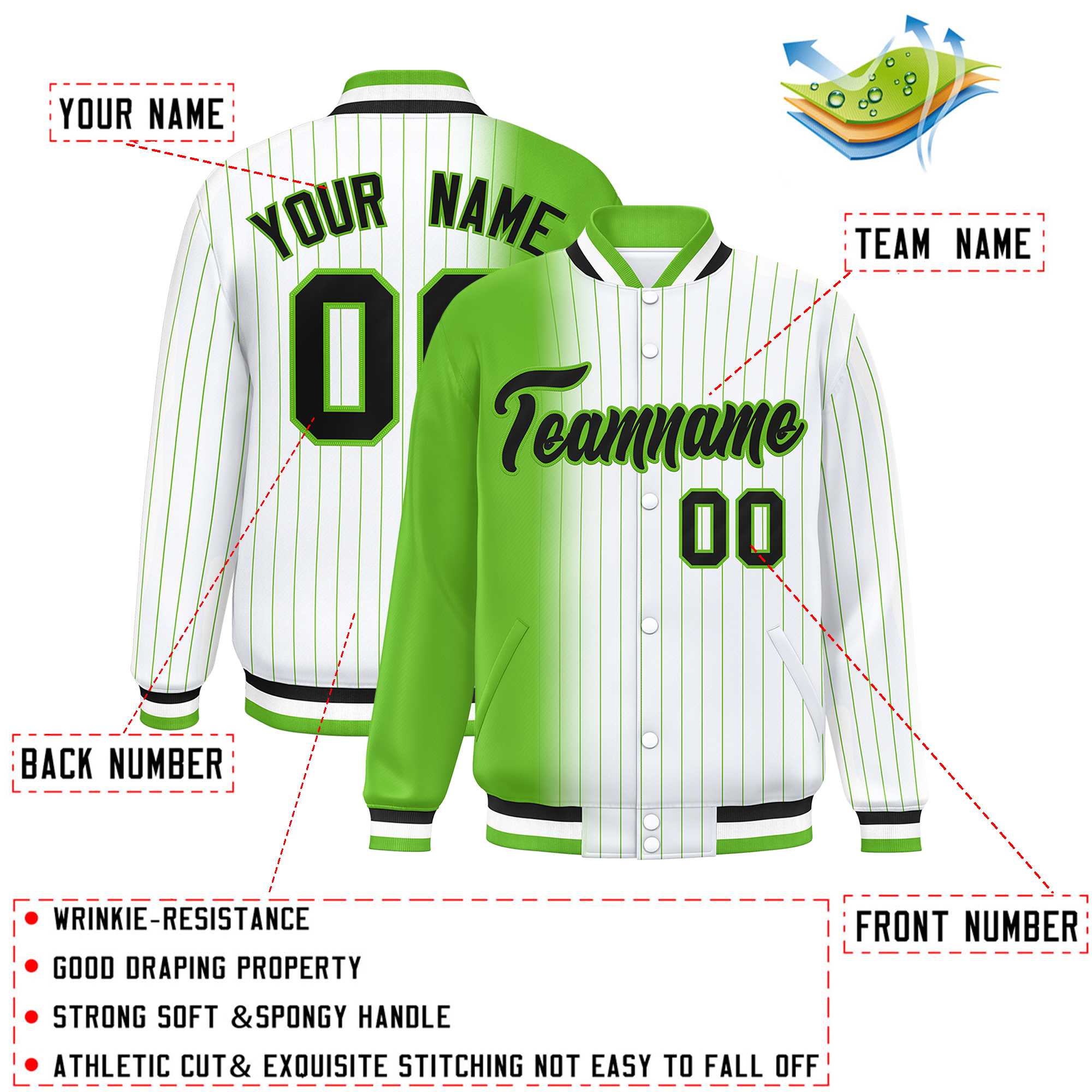 Custom White Green Gradient Varsity Full-Snap Pinstripe Letterman Baseball Jacket