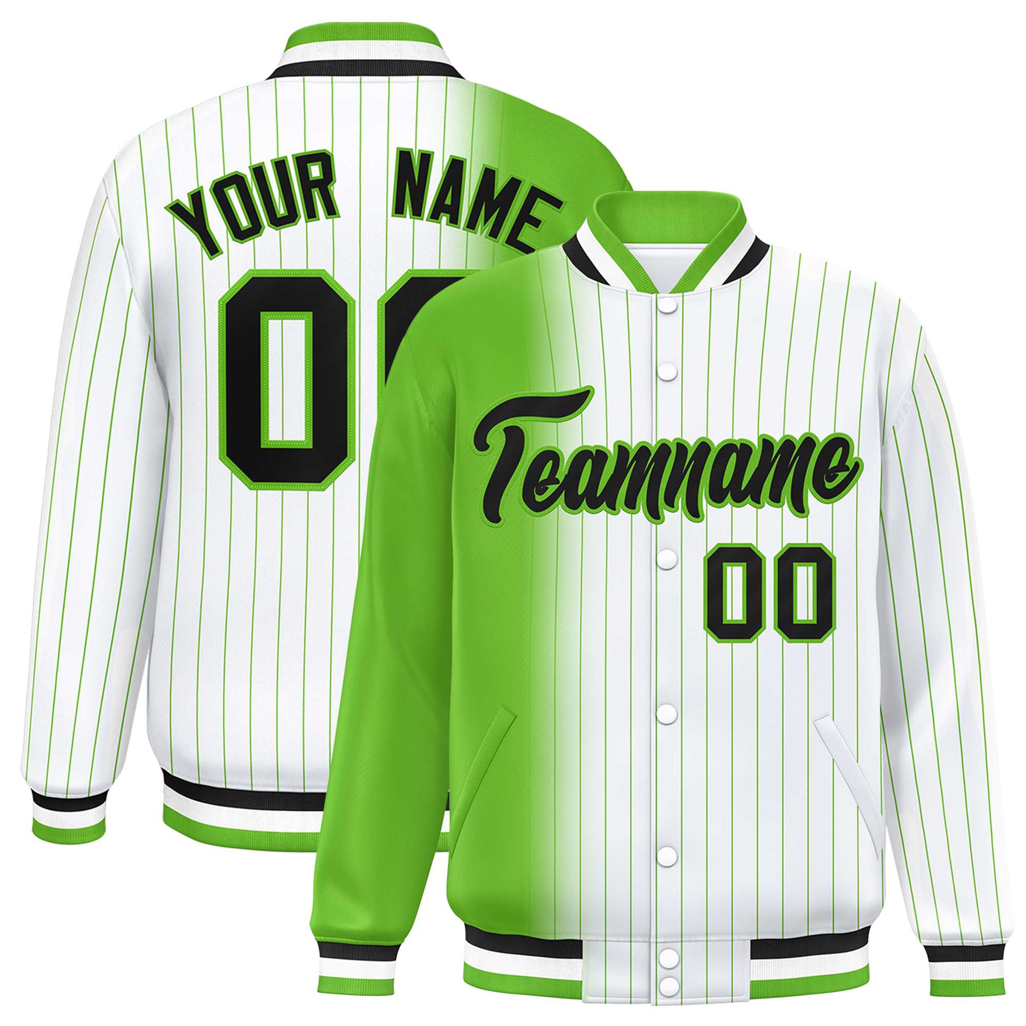 Custom White Green Gradient Varsity Full-Snap Pinstripe Letterman Baseball Jacket