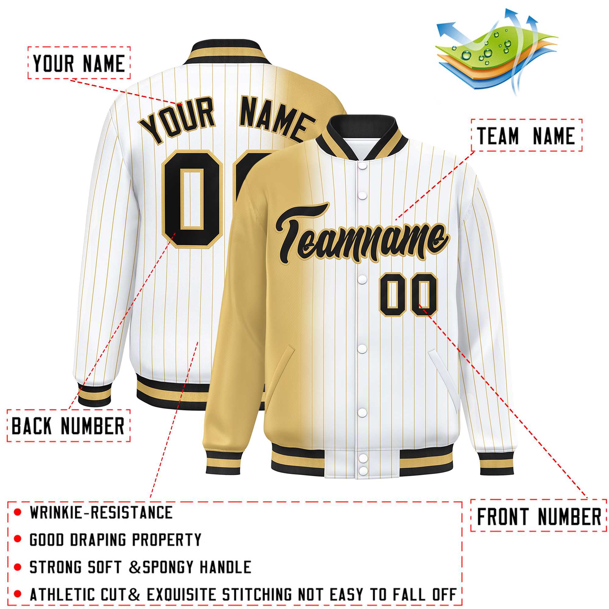 Custom White Old Gold Gradient Varsity Full-Snap Pinstripe Letterman Baseball Jacket