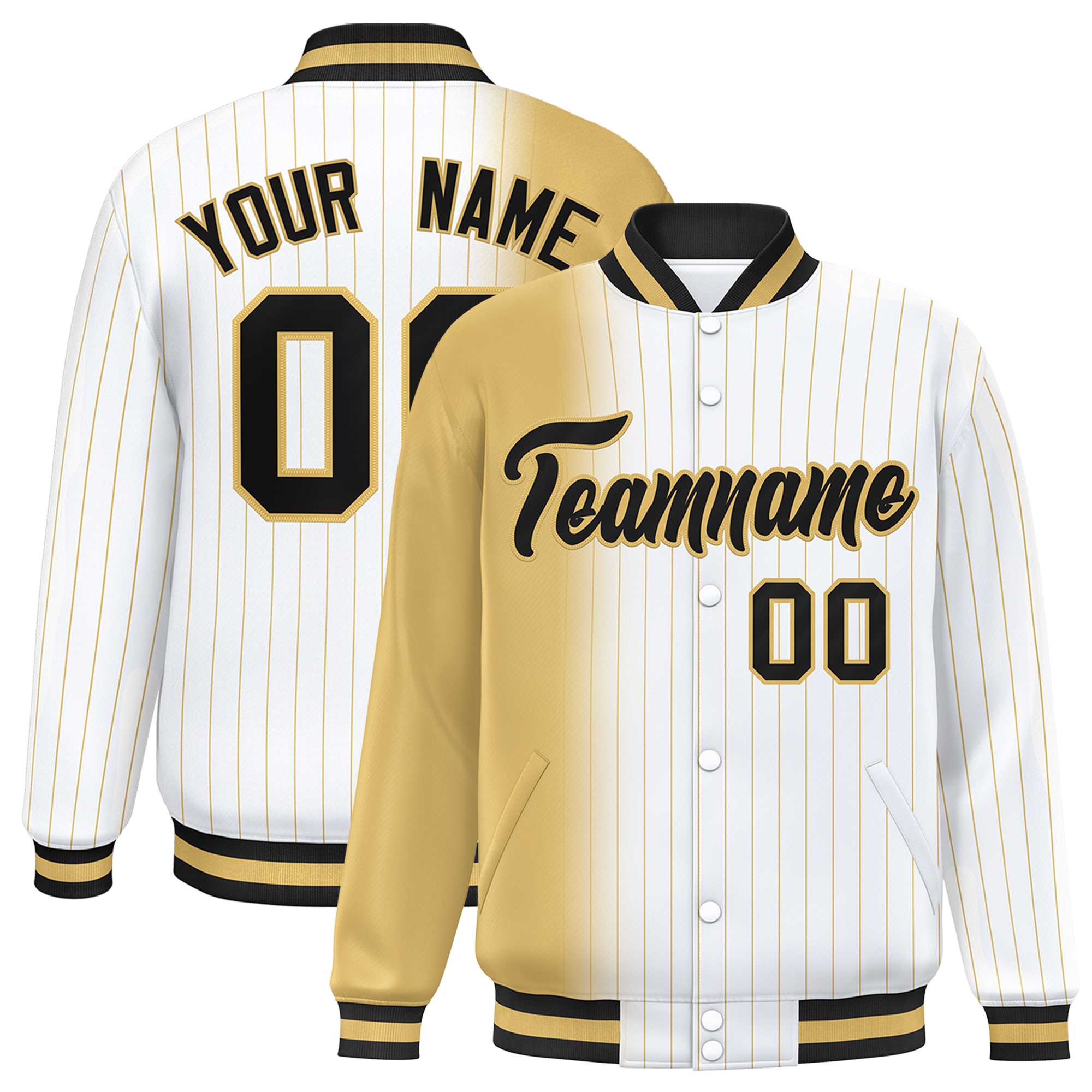 Custom White Old Gold Gradient Varsity Full-Snap Pinstripe Letterman Baseball Jacket