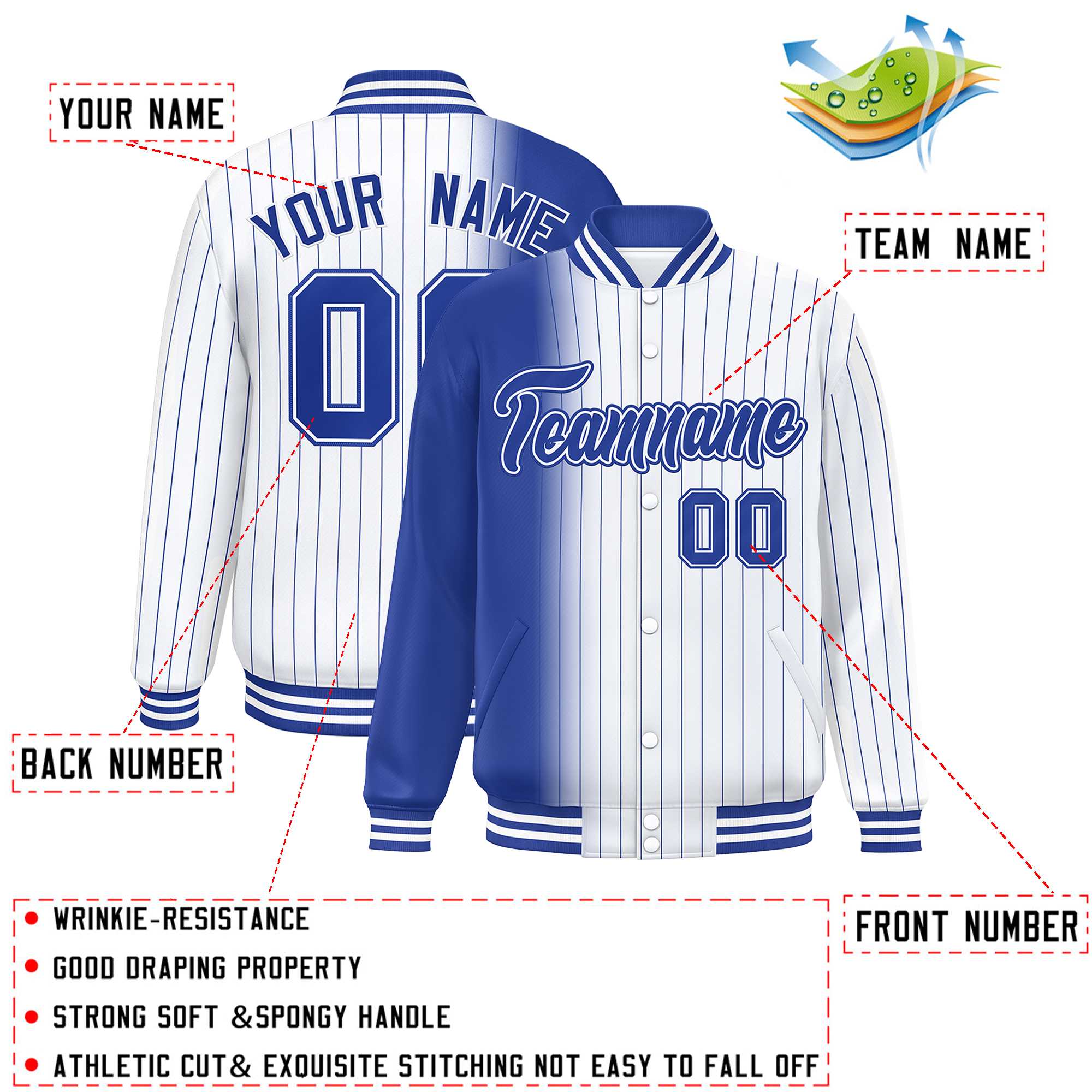 Custom White Royal Gradient Varsity Full-Snap Pinstripe Letterman Baseball Jacket