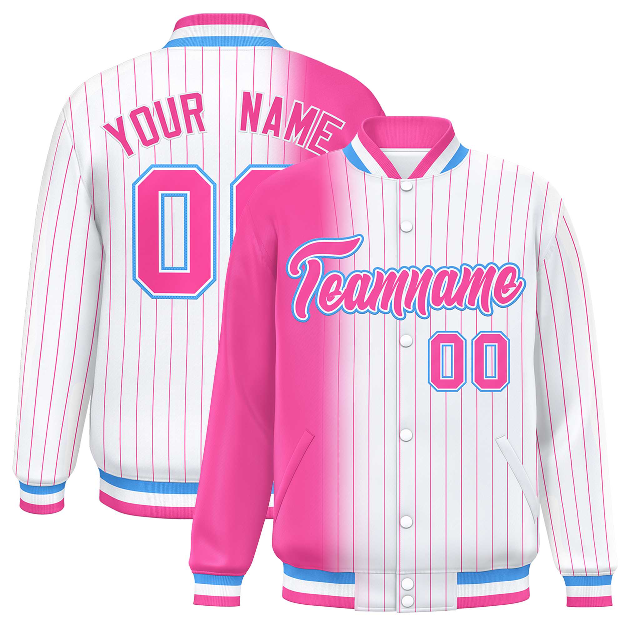 Custom White Pink Gradient Varsity Full-Snap Pinstripe Letterman Baseball Jacket