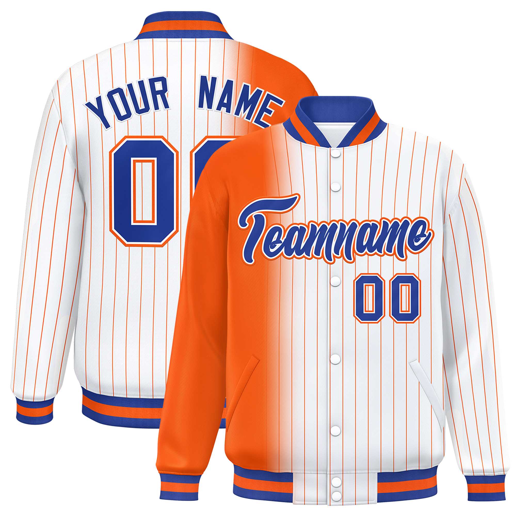 Custom White Orange Gradient Varsity Full-Snap Pinstripe Letterman Baseball Jacket