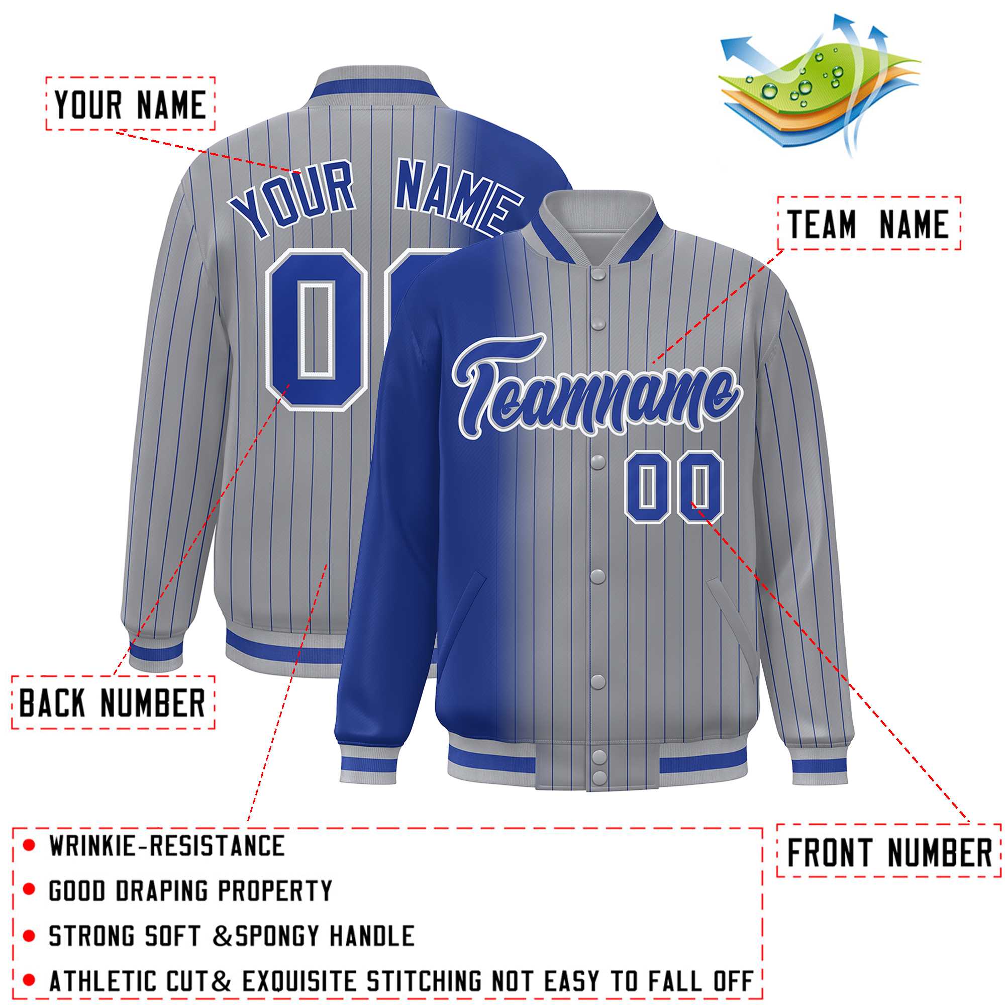 Custom Gray Royal Gradient Varsity Full-Snap Pinstripe Letterman Baseball Jacket