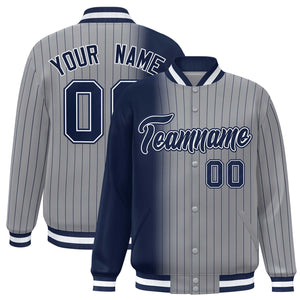 Custom Gray Navy Gradient Varsity Full-Snap Pinstripe Letterman Baseball Jacket