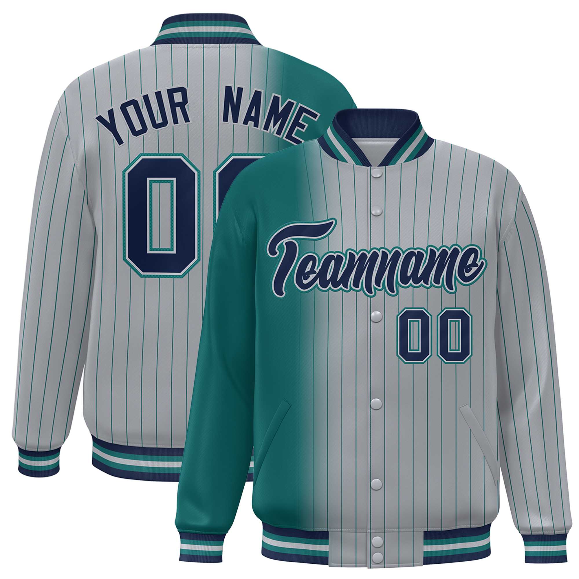 Custom Gray Aqua Gradient Varsity Full-Snap Pinstripe Letterman Baseball Jacket