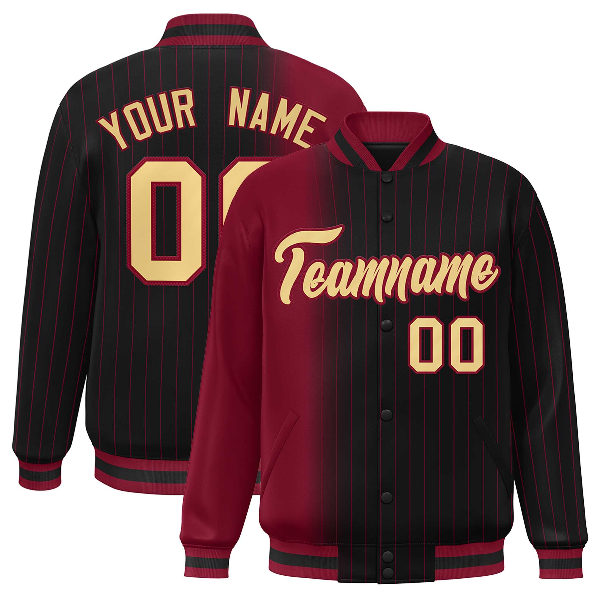 Custom Black Crimson Gradient Varsity Full-Snap Pinstripe Letterman Baseball Jacket