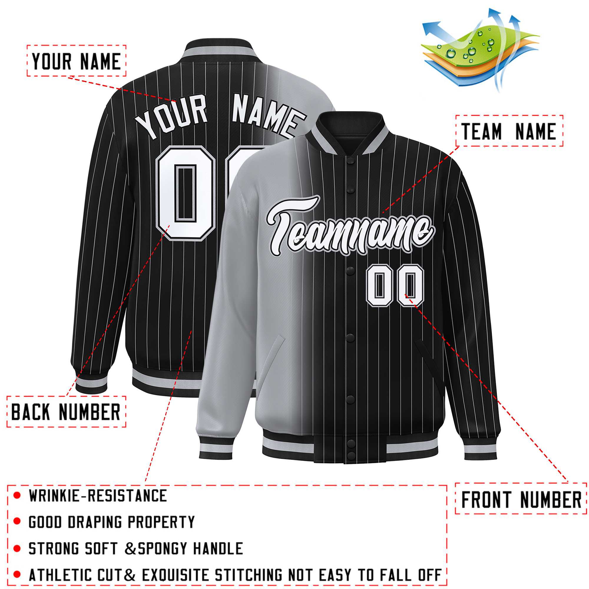 Custom Black Gray Gradient Varsity Full-Snap Pinstripe Letterman Baseball Jacket