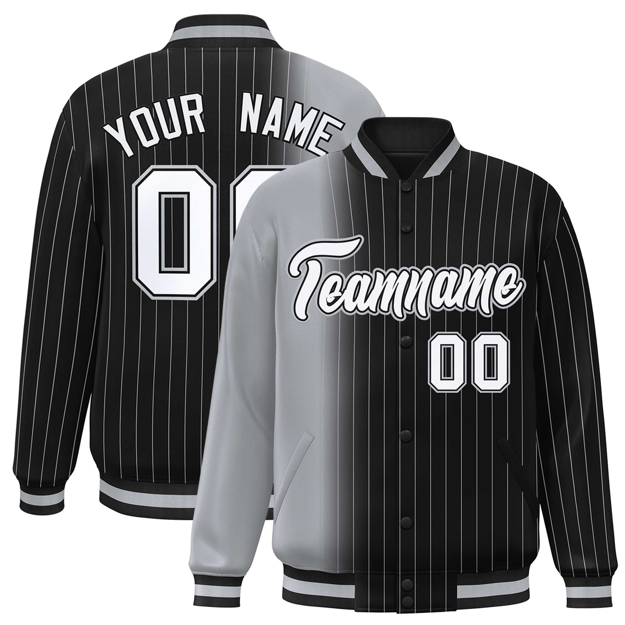 Custom Black Gray Gradient Varsity Full-Snap Pinstripe Letterman Baseball Jacket