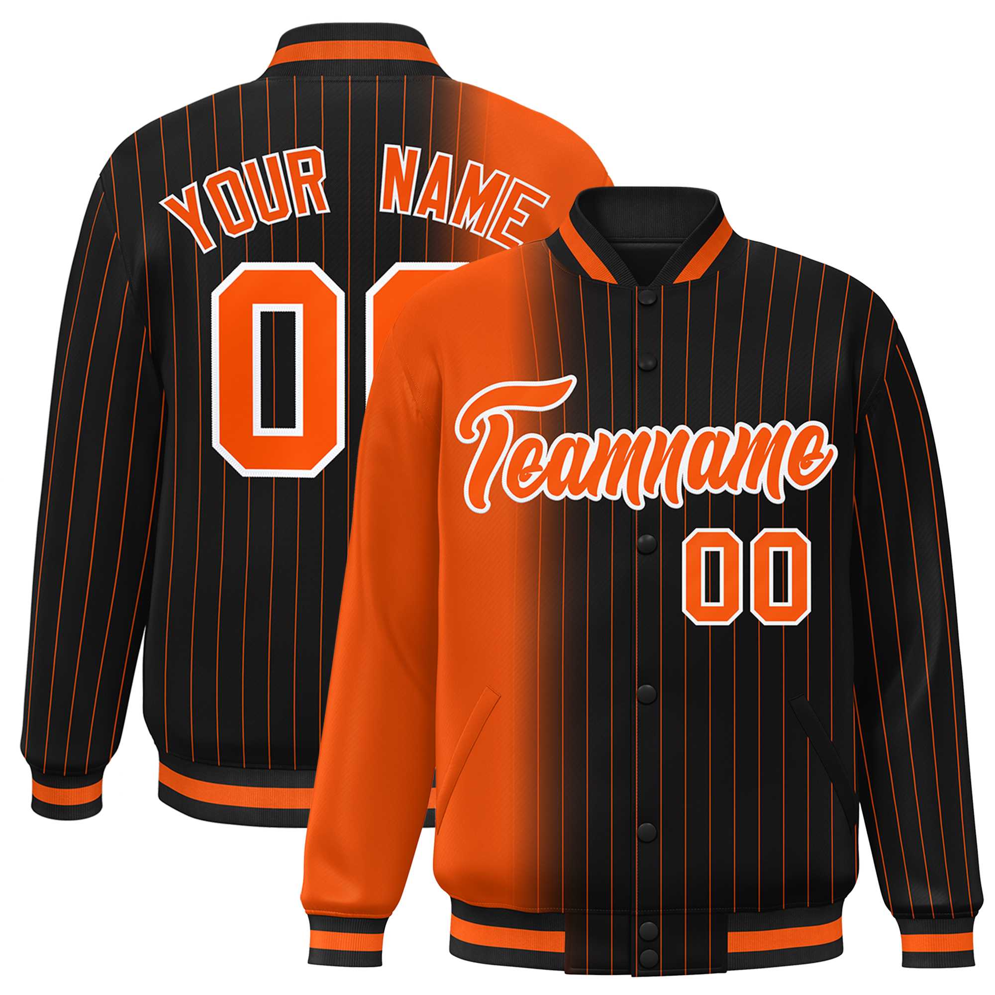 Custom Black Orange Gradient Varsity Full-Snap Pinstripe Letterman Baseball Jacket