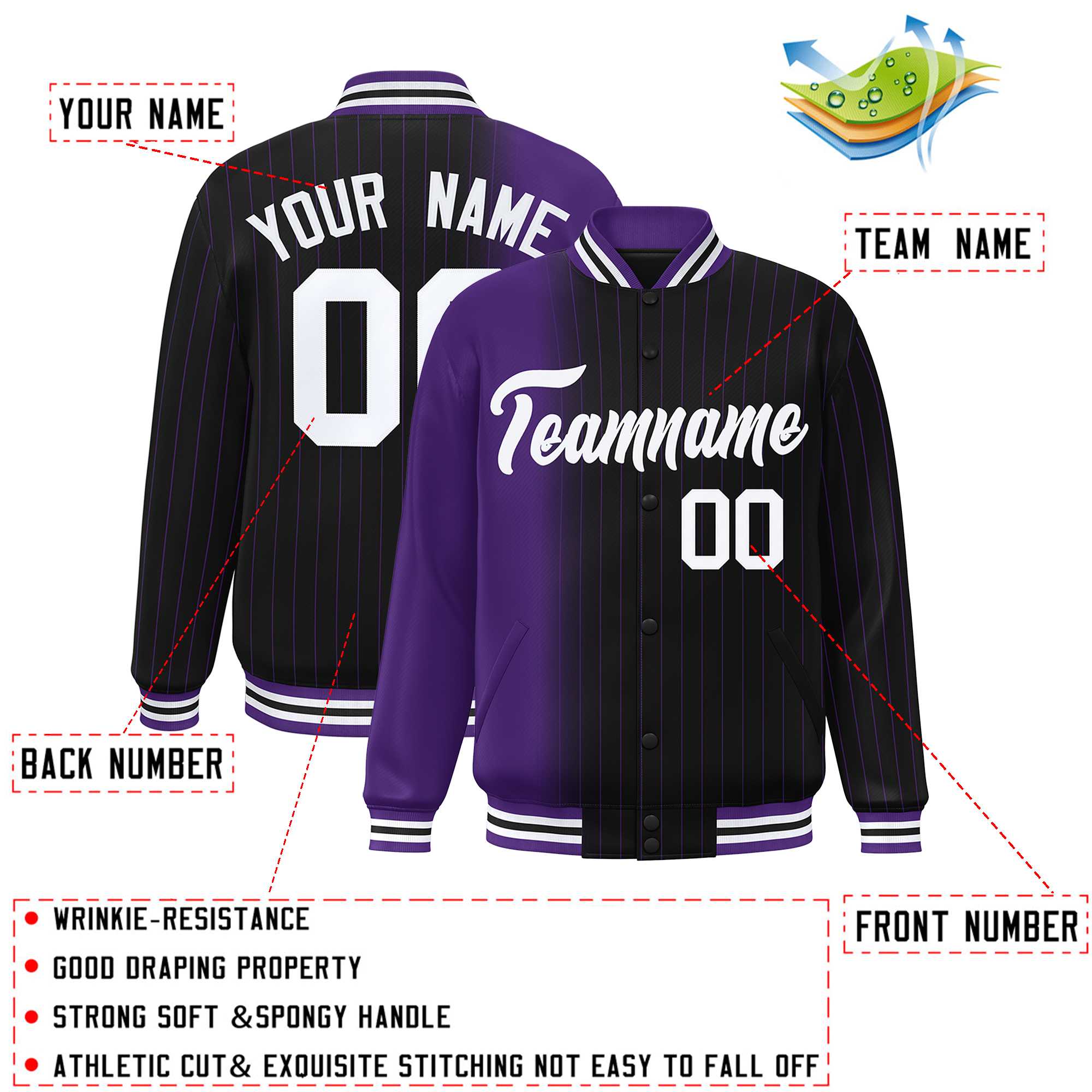 Custom Black Purple Gradient Varsity Full-Snap Pinstripe Letterman Baseball Jacket