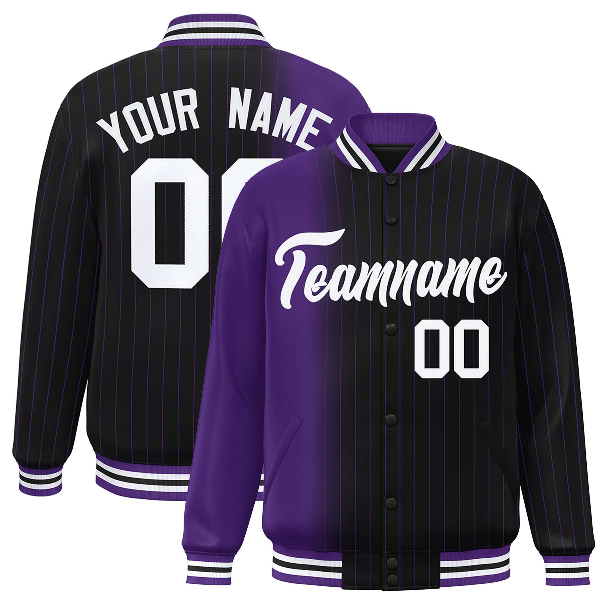 Custom Black Purple Gradient Varsity Full-Snap Pinstripe Letterman Baseball Jacket