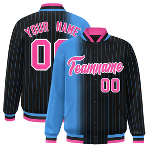 Custom Black Powder Blue Gradient Varsity Full-Snap Pinstripe Letterman Baseball Jacket