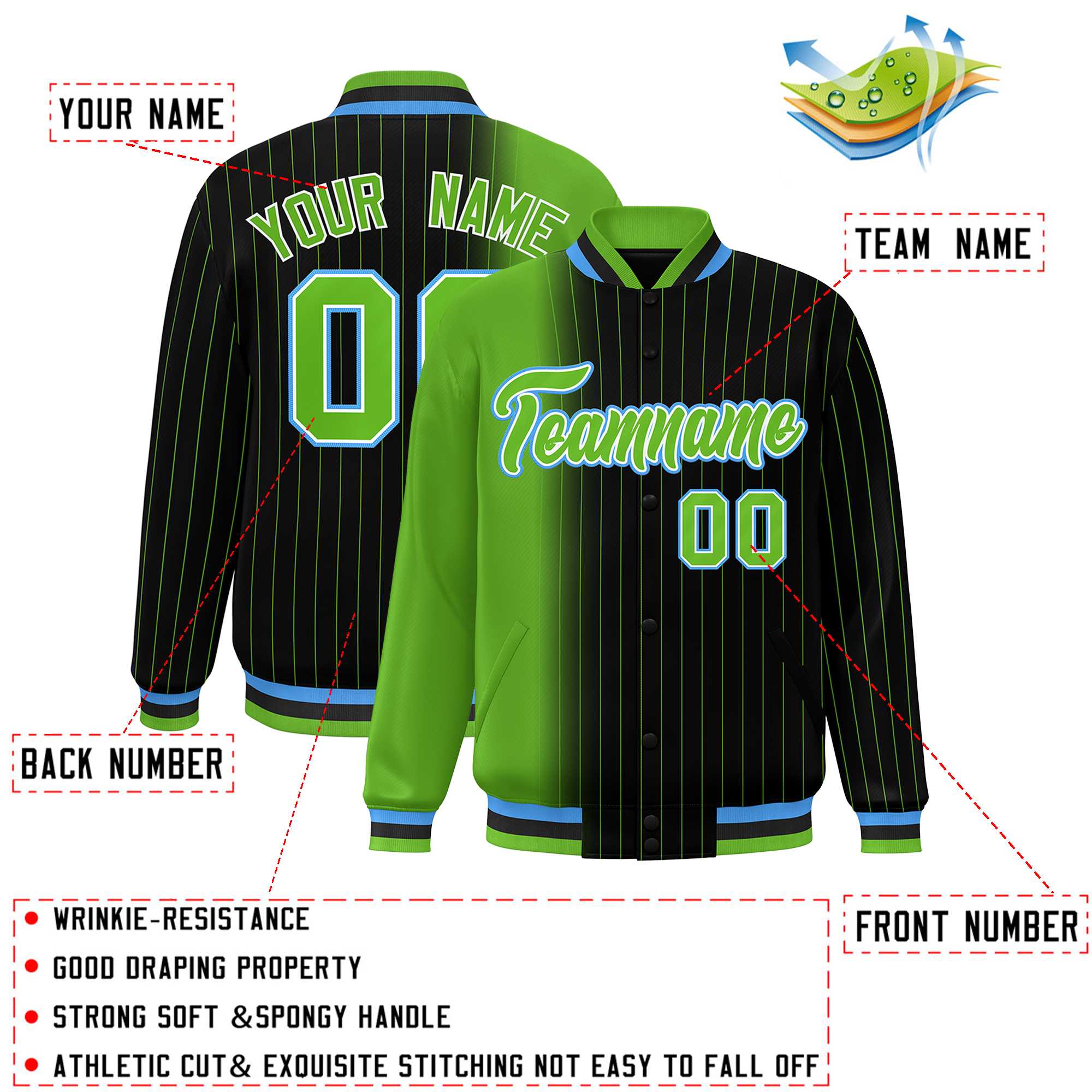 Custom Black Green Gradient Varsity Full-Snap Pinstripe Letterman Baseball Jacket