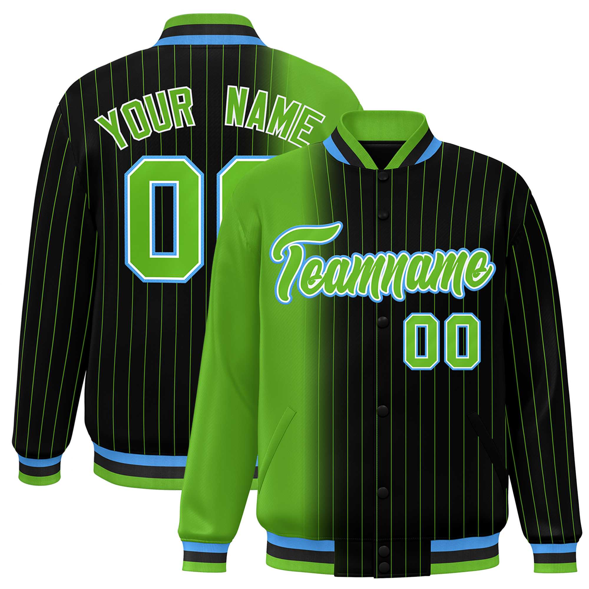 Custom Black Green Gradient Varsity Full-Snap Pinstripe Letterman Baseball Jacket