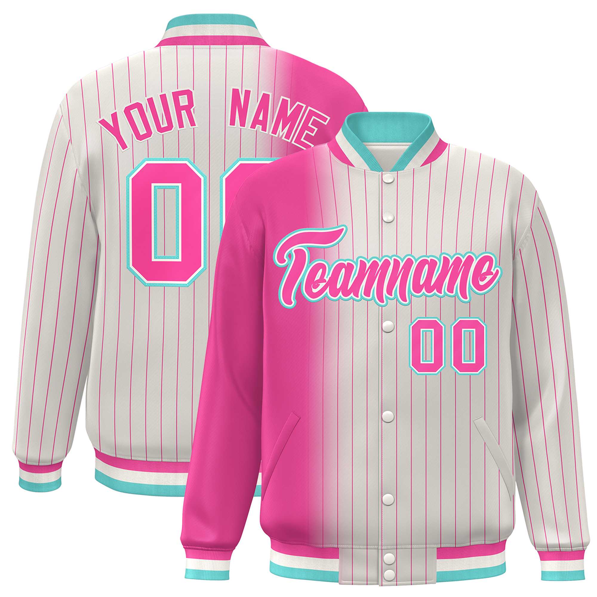 Custom Cream Pink Gradient Varsity Full-Snap Pinstripe Letterman Baseball Jacket