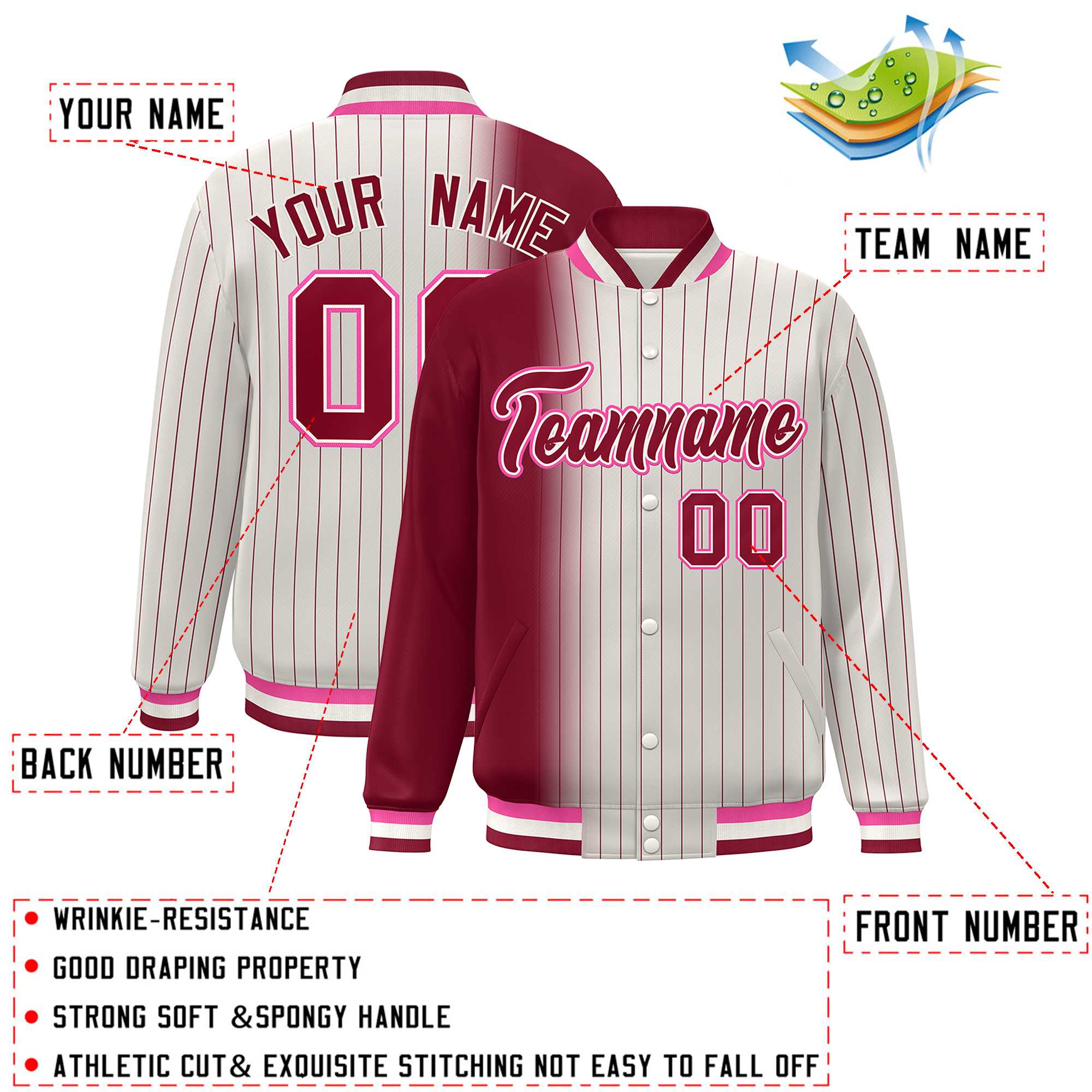 Custom Cream Crimson Gradient Varsity Full-Snap Pinstripe Letterman Baseball Jacket