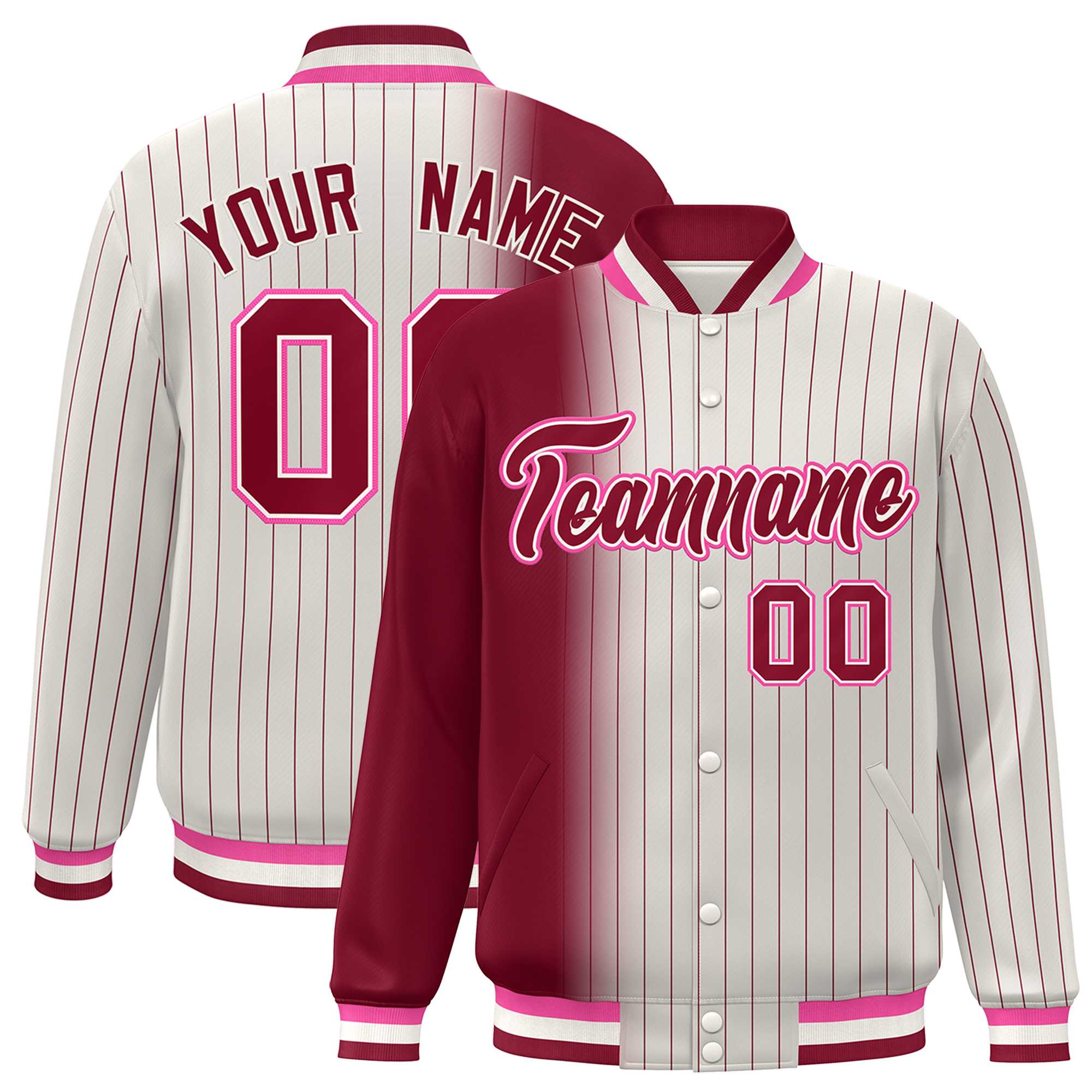 Custom Cream Crimson Gradient Varsity Full-Snap Pinstripe Letterman Baseball Jacket