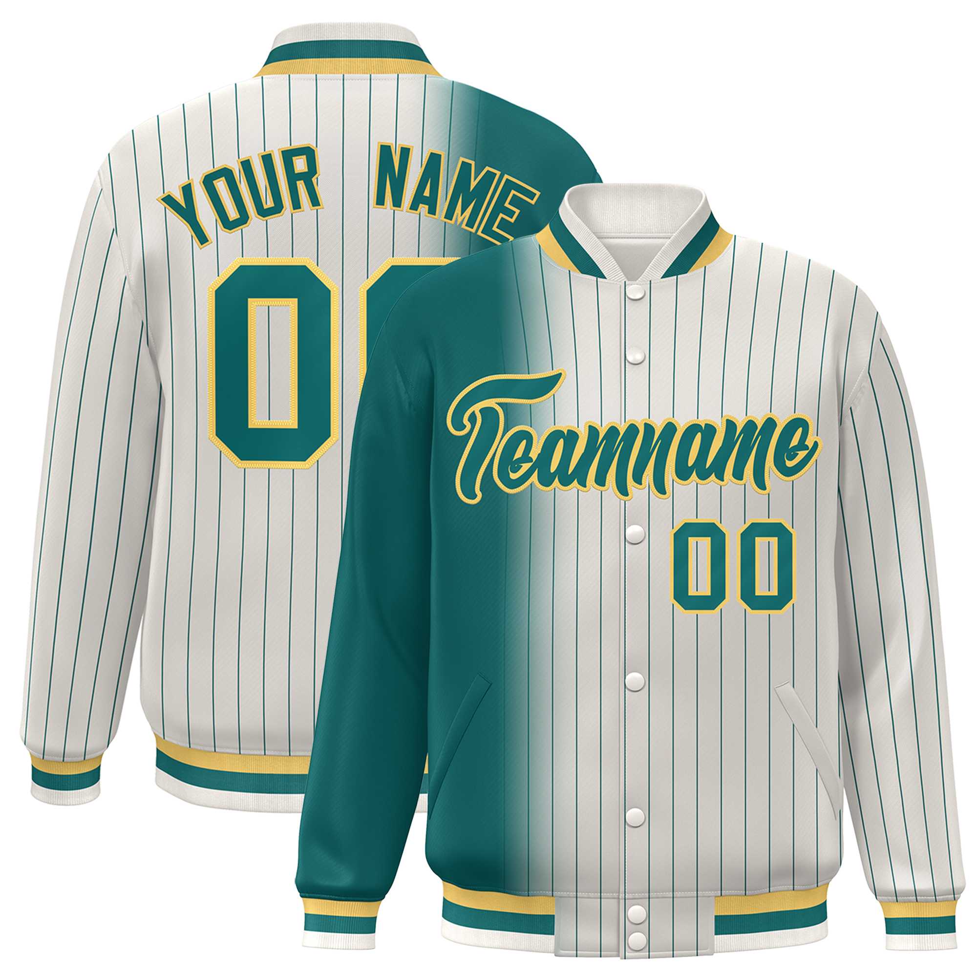 Custom Cream Aqua Gradient Varsity Full-Snap Pinstripe Letterman Baseball Jacket