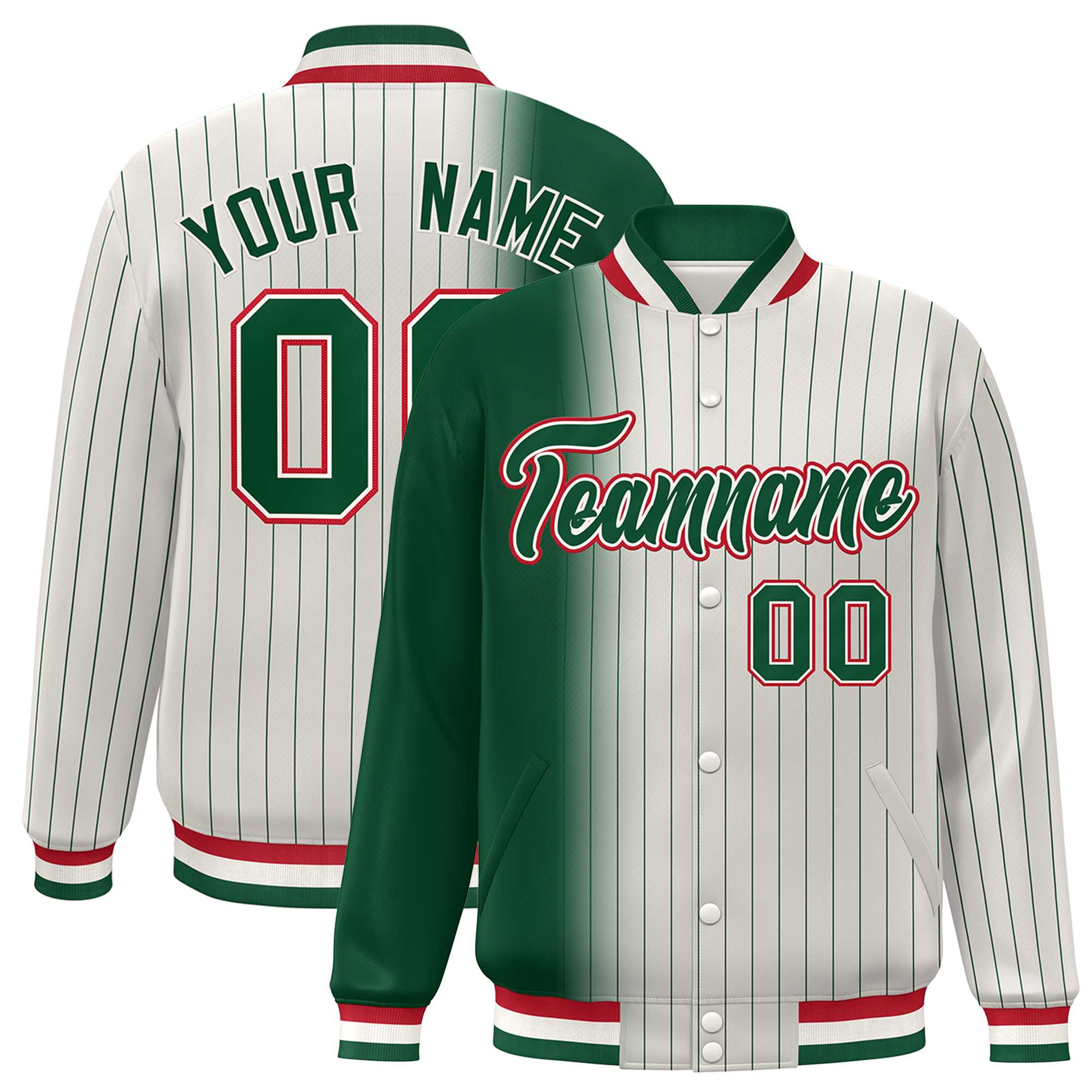 Custom Cream Green Gradient Varsity Full-Snap Pinstripe Letterman Baseball Jacket