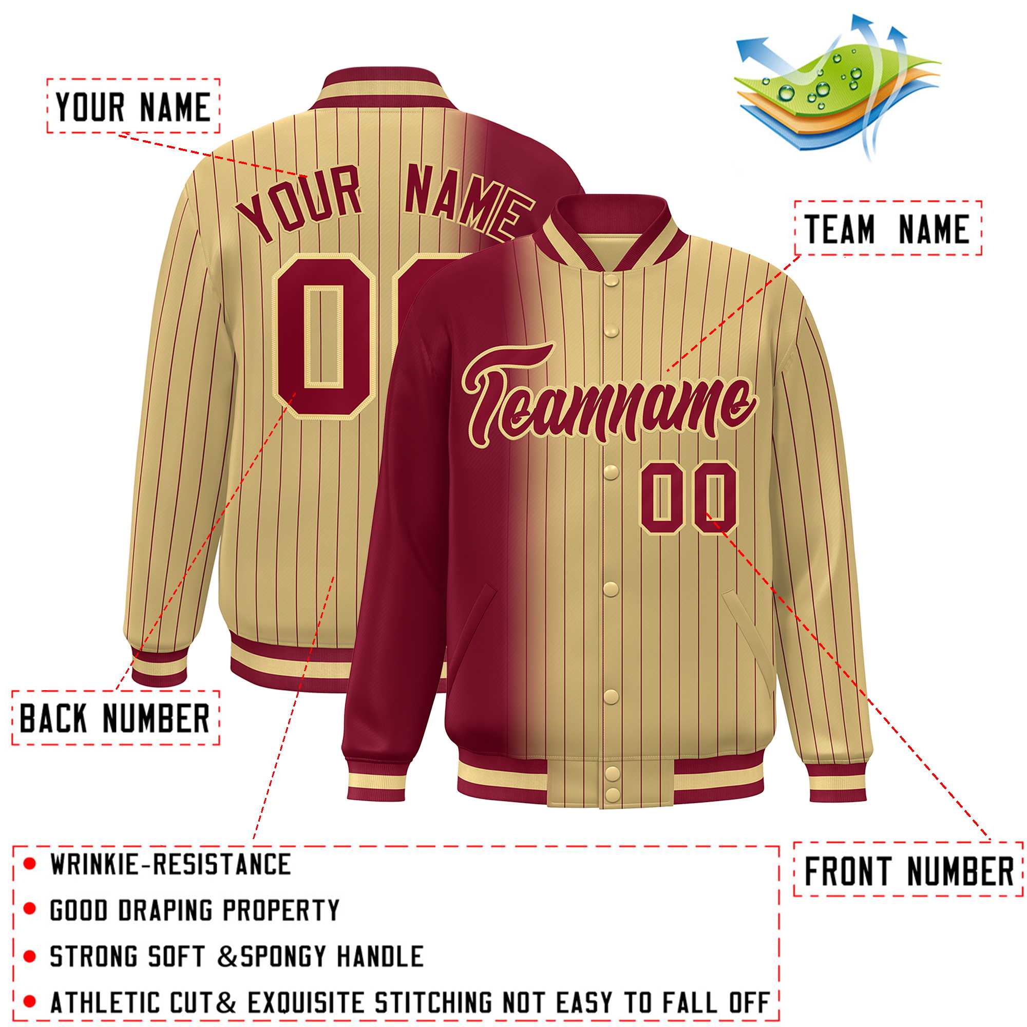 Custom Khaki Crimson Gradient Varsity Full-Snap Pinstripe Letterman Baseball Jacket