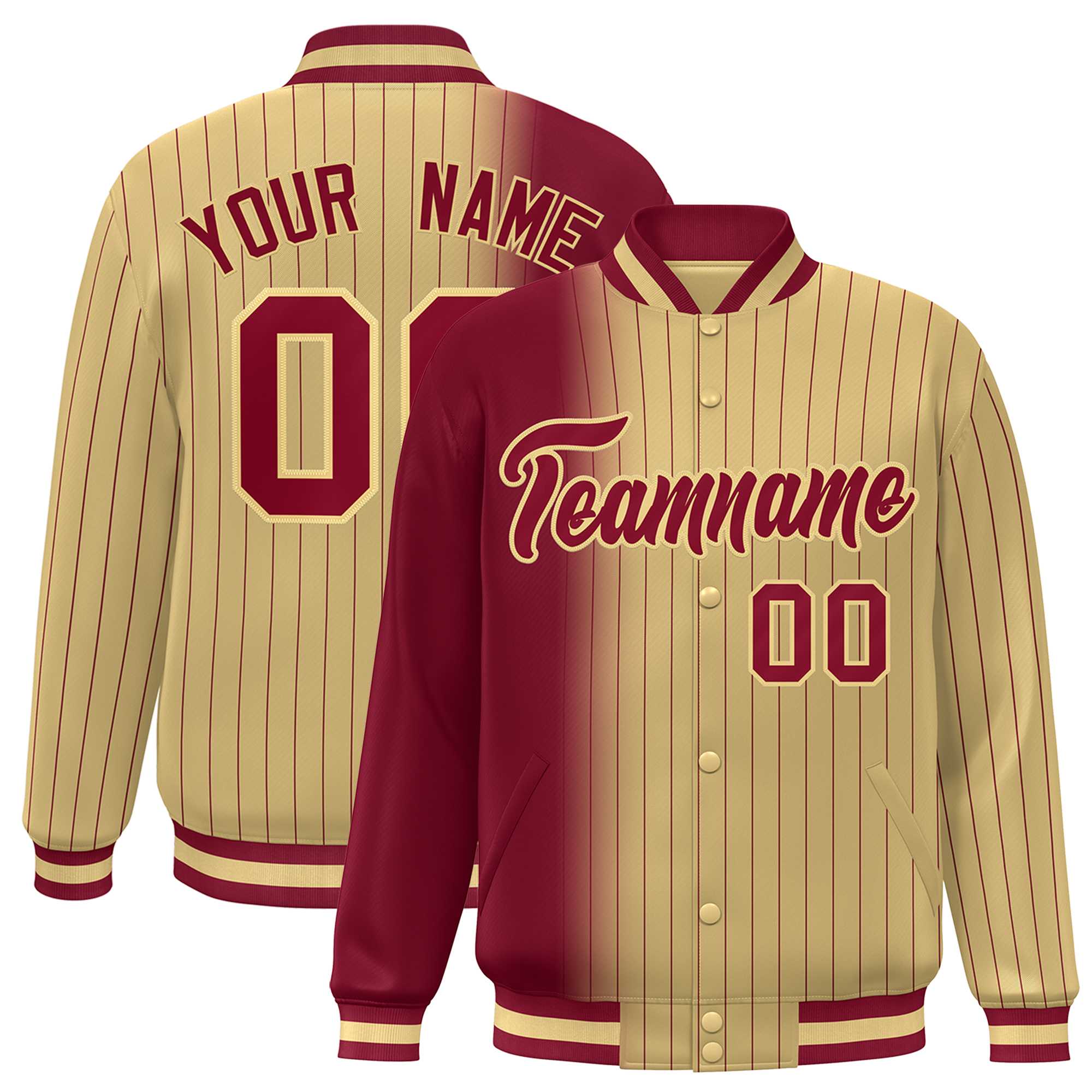 Custom Khaki Crimson Gradient Varsity Full-Snap Pinstripe Letterman Baseball Jacket